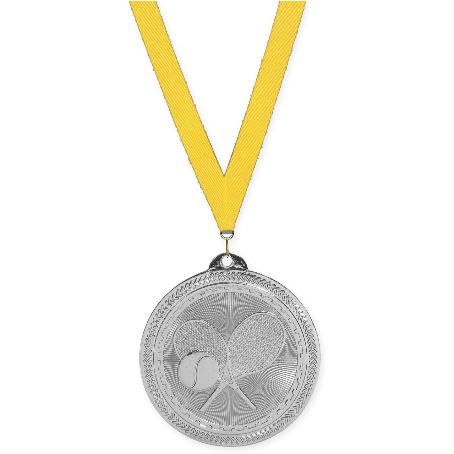2 inch tennis Sunburst medal in bright silver with Yellow neck ribbon
