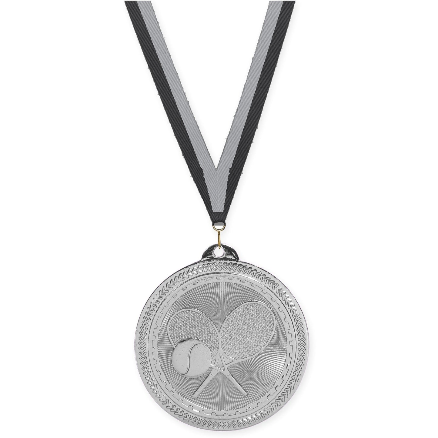 2 inch tennis Sunburst medal in bright silver with Black Gray neck ribbon