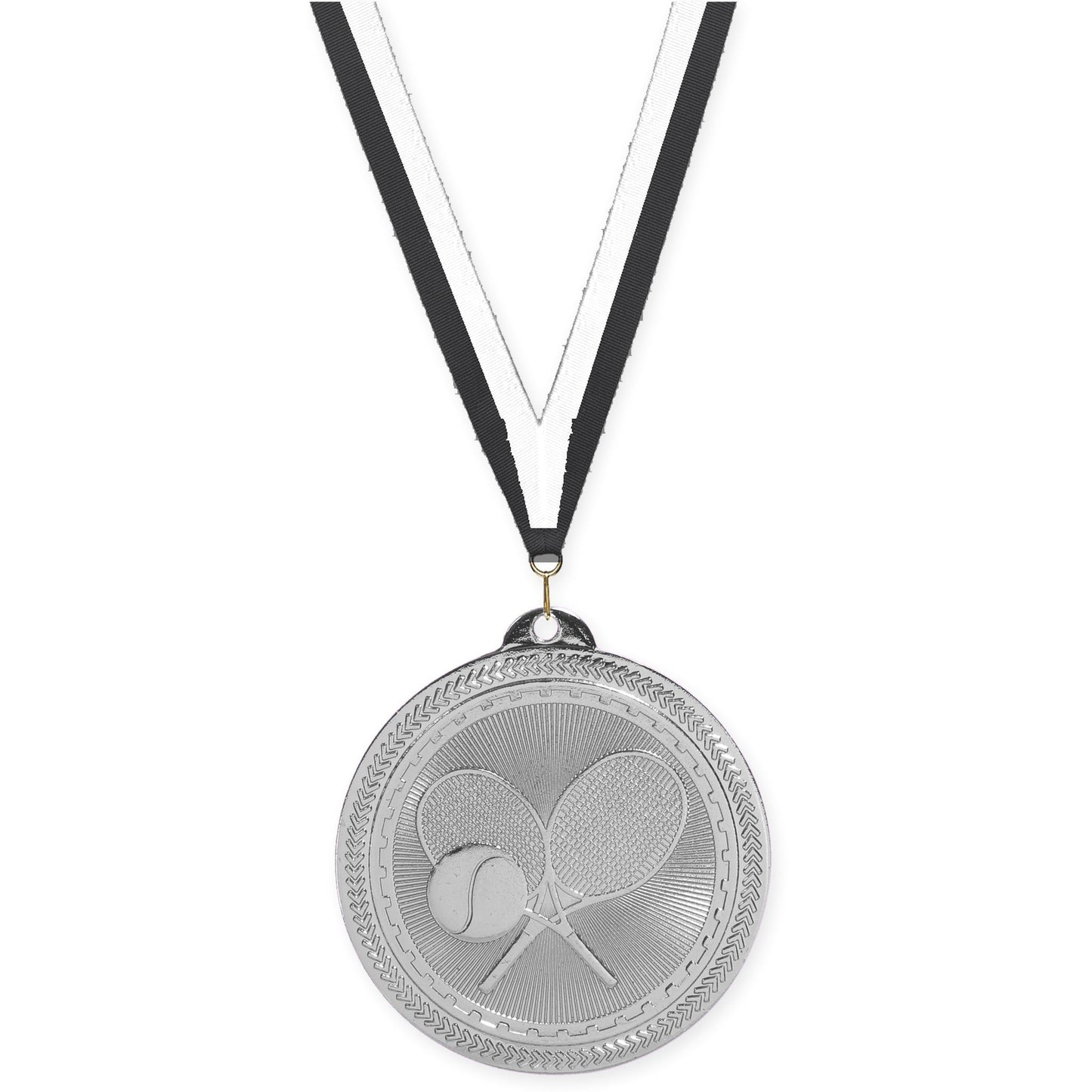 2 inch tennis Sunburst medal in bright silver with Black White neck ribbon