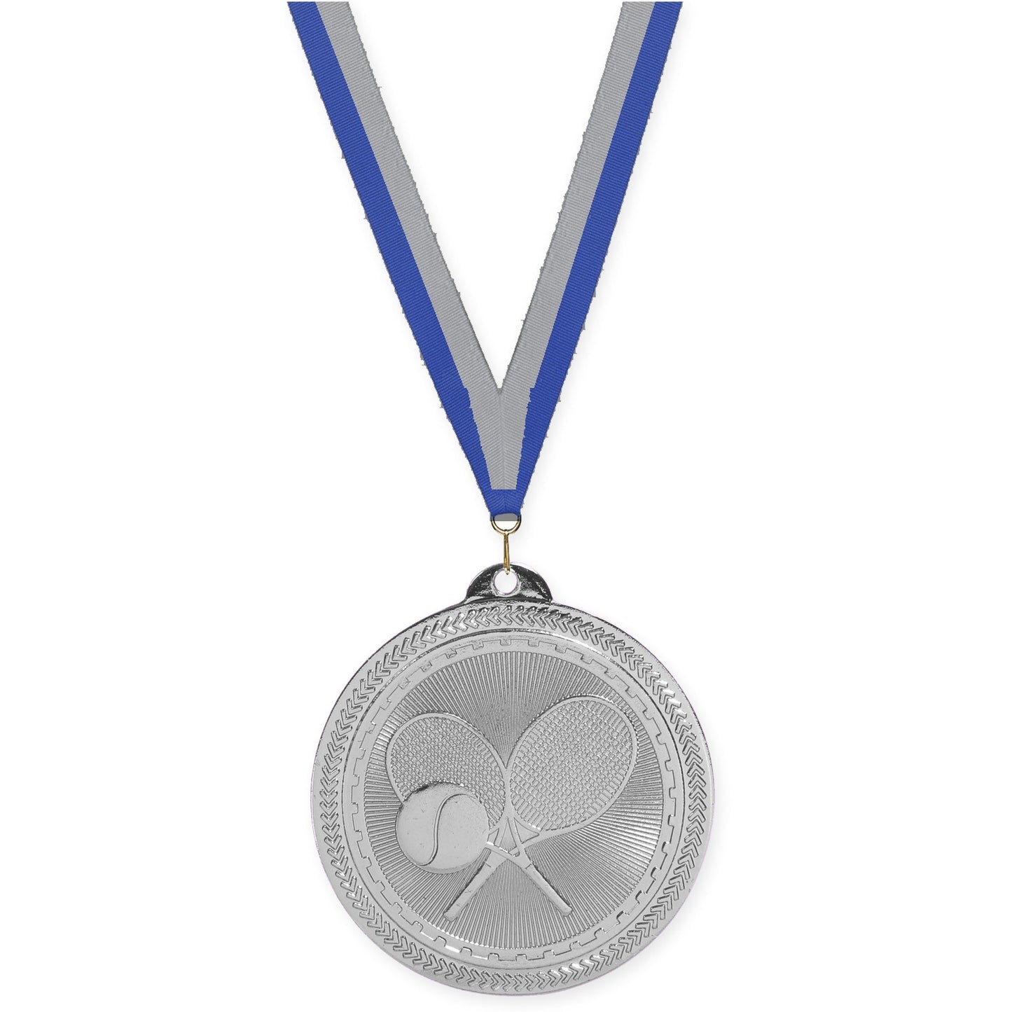 2 inch tennis Sunburst medal in bright silver with Blue Gray neck ribbon