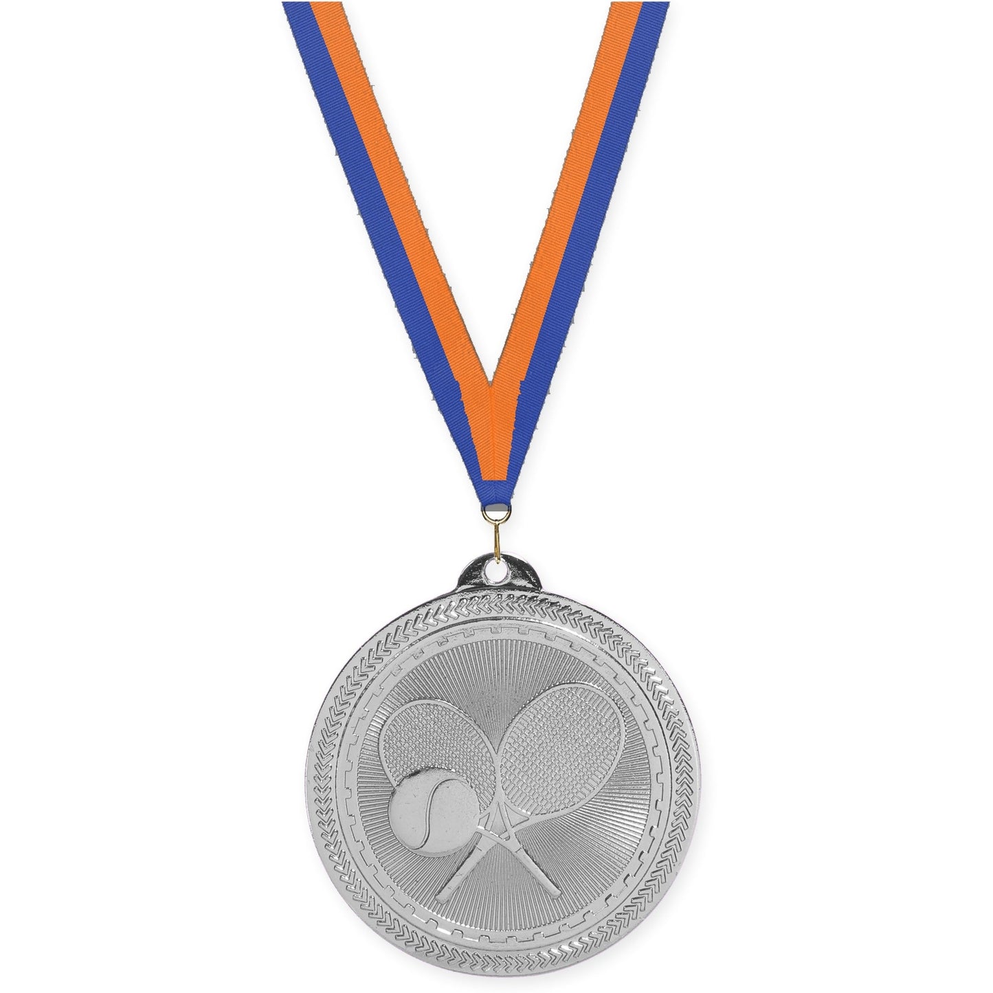 2 inch tennis Sunburst medal in bright silver with Blue Orange neck ribbon