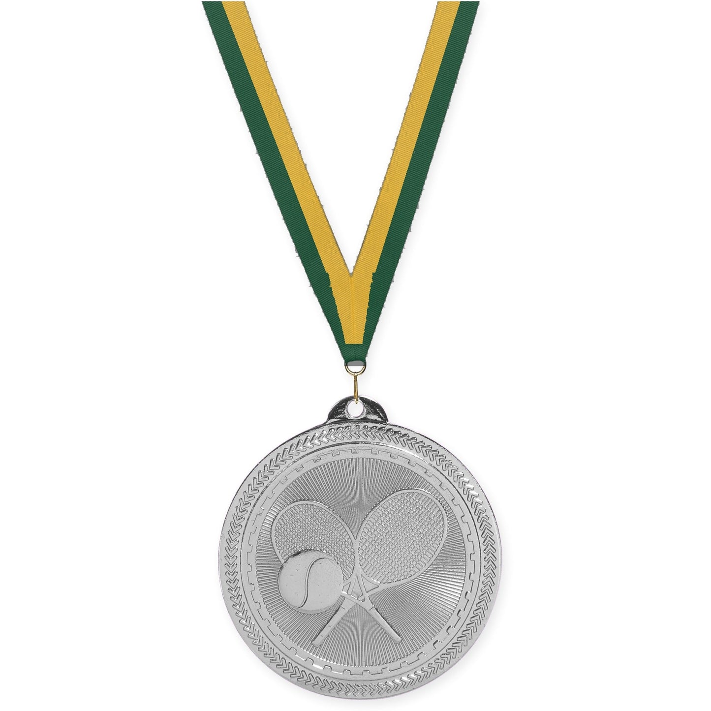 2 inch tennis Sunburst medal in bright silver with Hunter Green Gold neck ribbon
