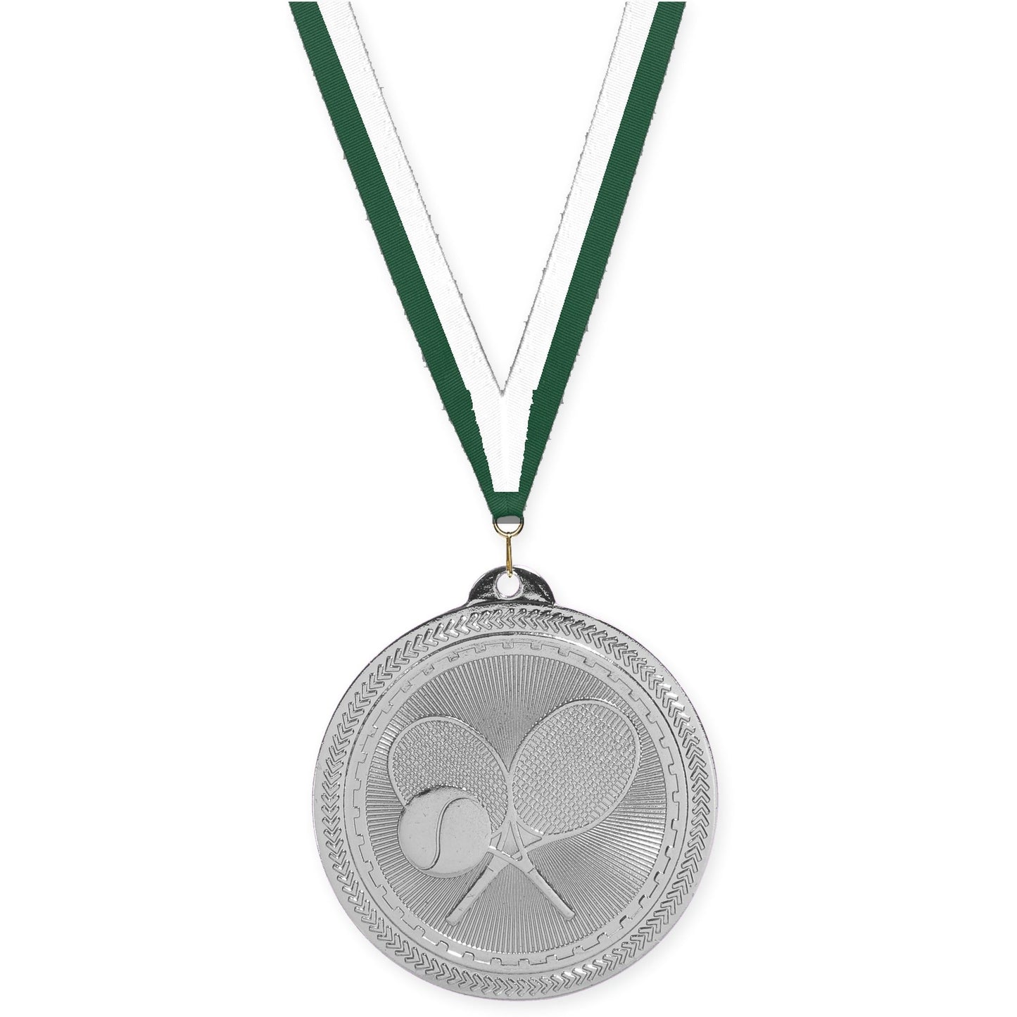 2 inch tennis Sunburst medal in bright silver with Hunter Green White neck ribbon