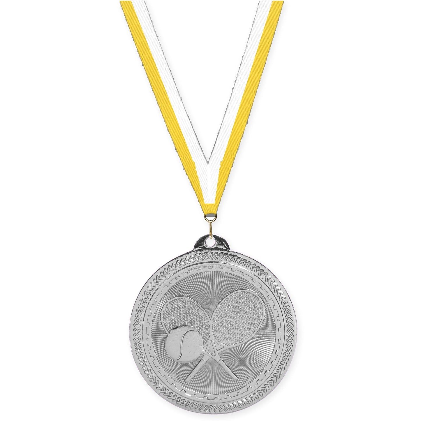 2 inch tennis Sunburst medal in bright silver with Yellow White neck ribbon