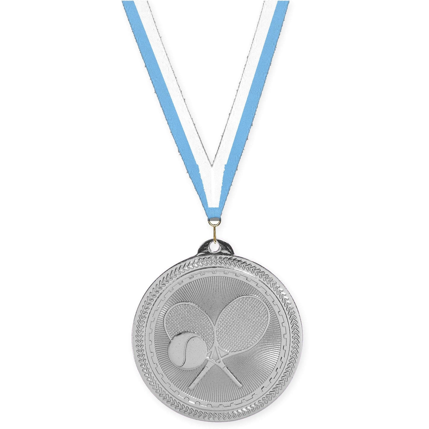 2 inch tennis Sunburst medal in bright silver with Light Blue White neck ribbon