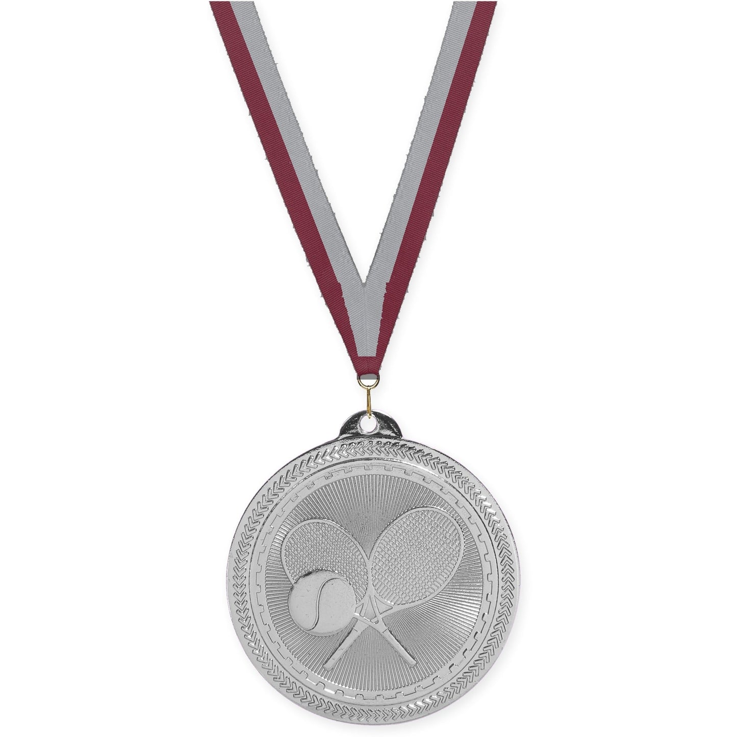 2 inch tennis Sunburst medal in bright silver with Maroon Gray neck ribbon