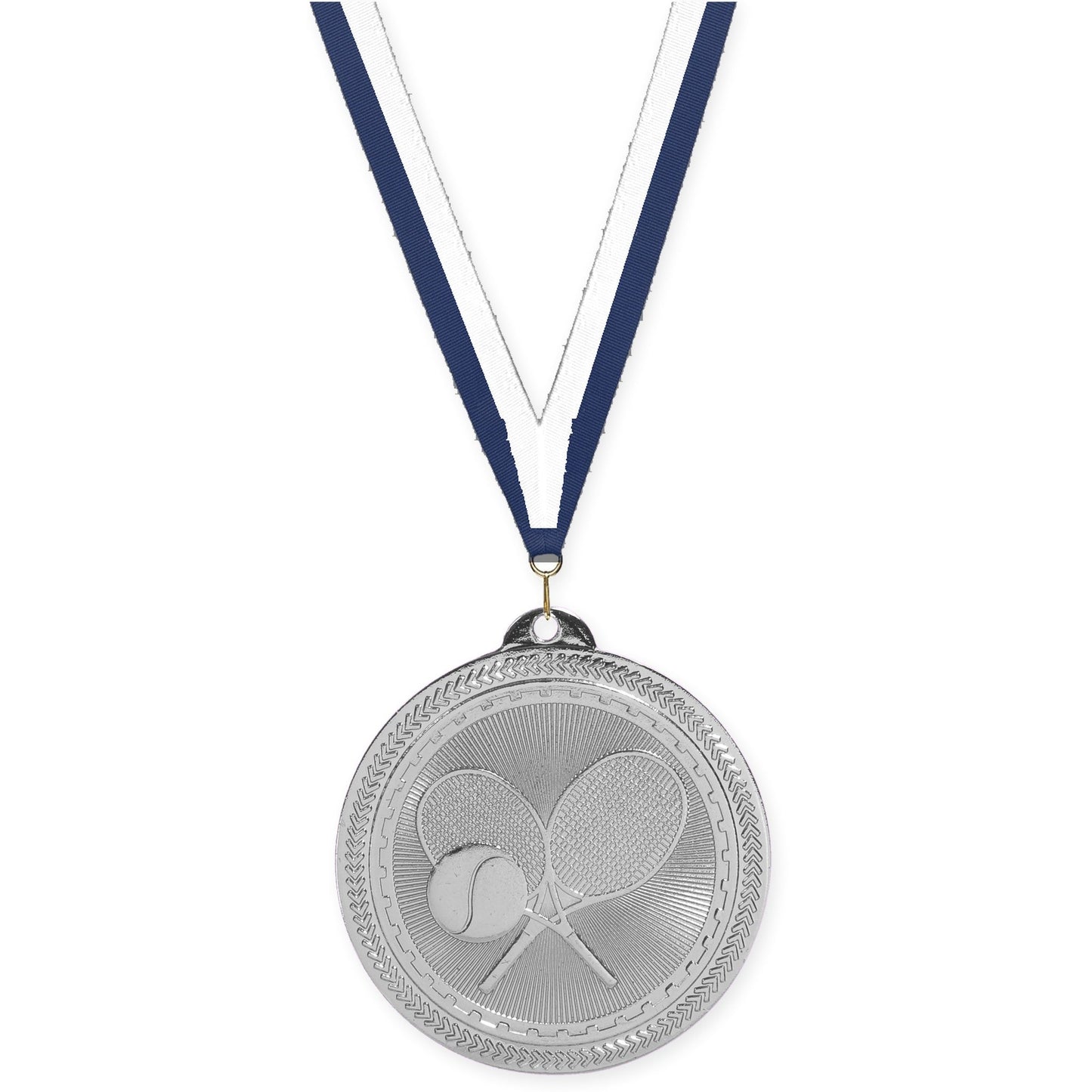 2 inch tennis Sunburst medal in bright silver with Navy White neck ribbon