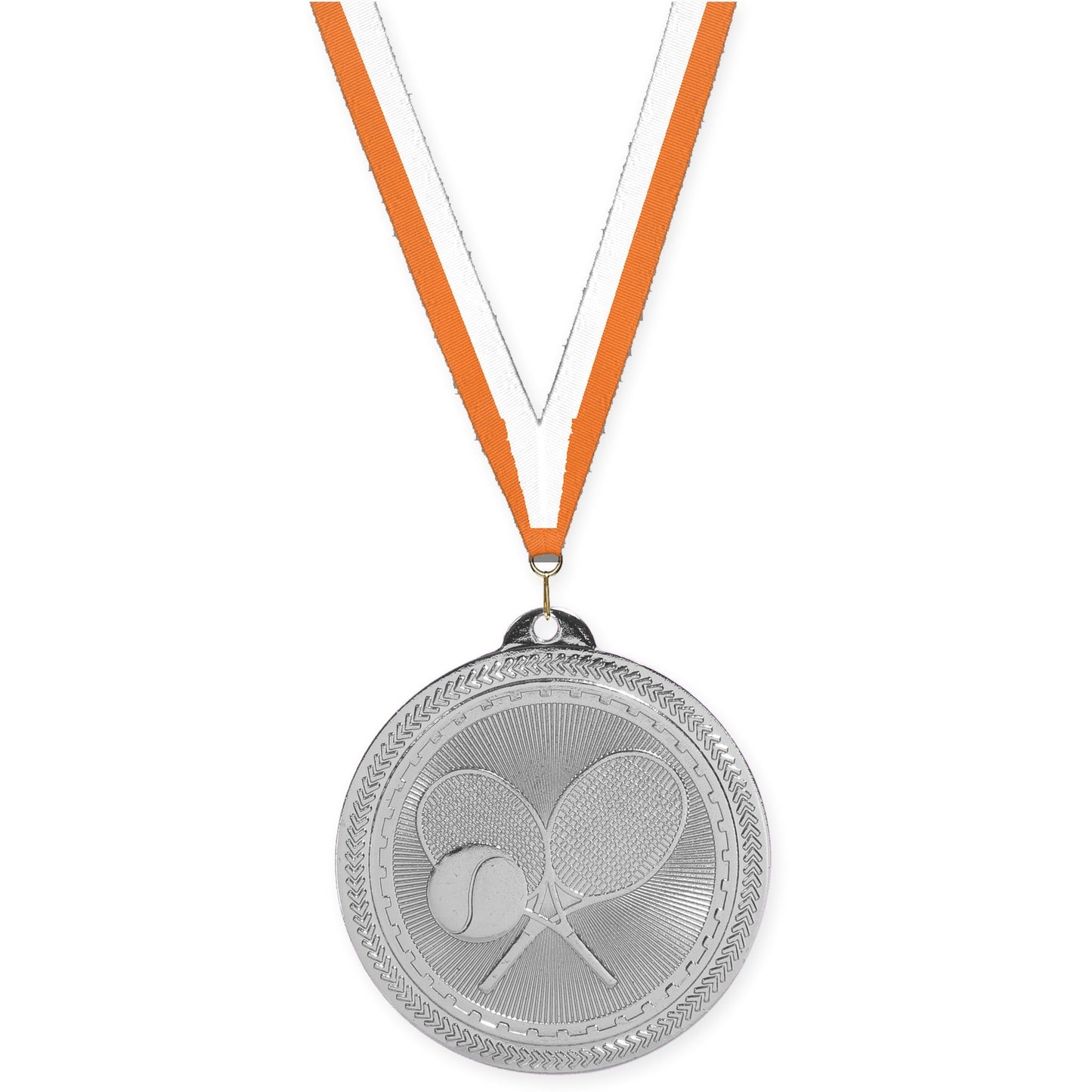 2 inch tennis Sunburst medal in bright silver with Orange White neck ribbon