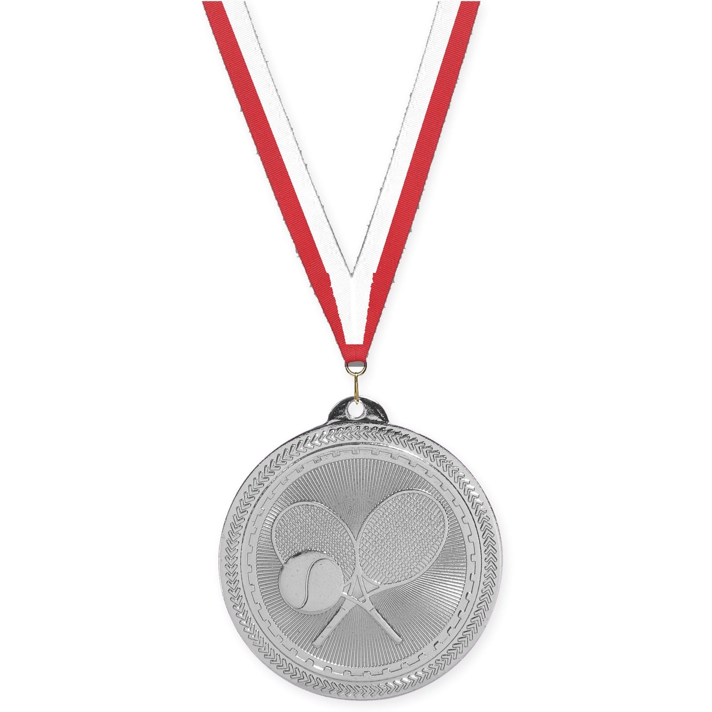 2 inch tennis Sunburst medal in bright silver with Red White neck ribbon