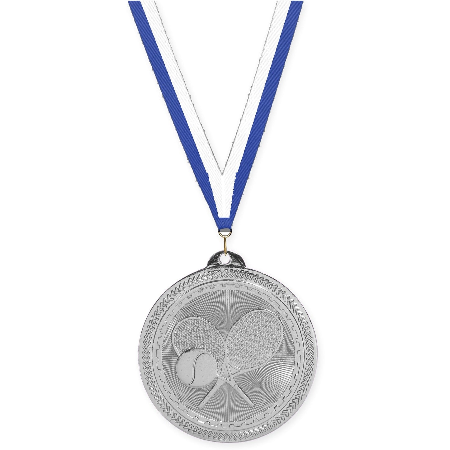 2 inch tennis Sunburst medal in bright silver with Blue White neck ribbon