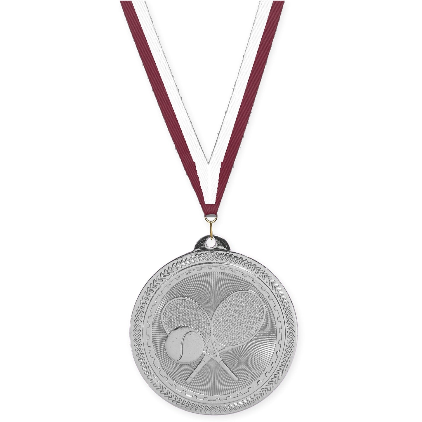2 inch tennis Sunburst medal in bright silver with Maroon White neck ribbon