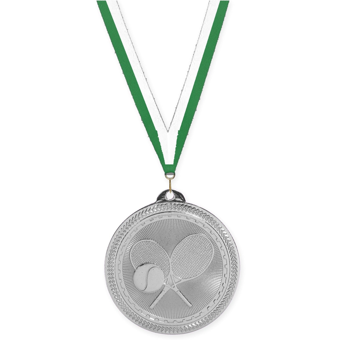 2 inch tennis Sunburst medal in bright silver with Green White neck ribbon