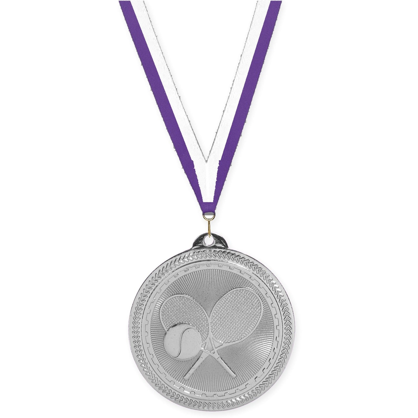 2 inch tennis Sunburst medal in bright silver with Purple White neck ribbon