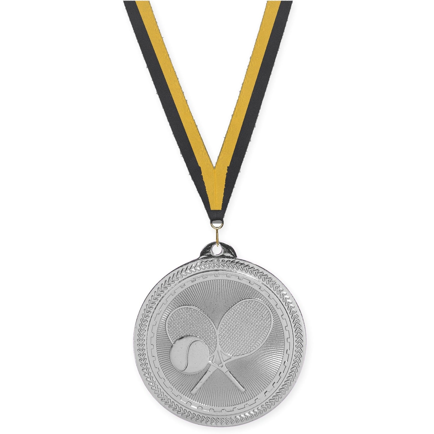 2 inch tennis Sunburst medal in bright silver with Black Gold neck ribbon