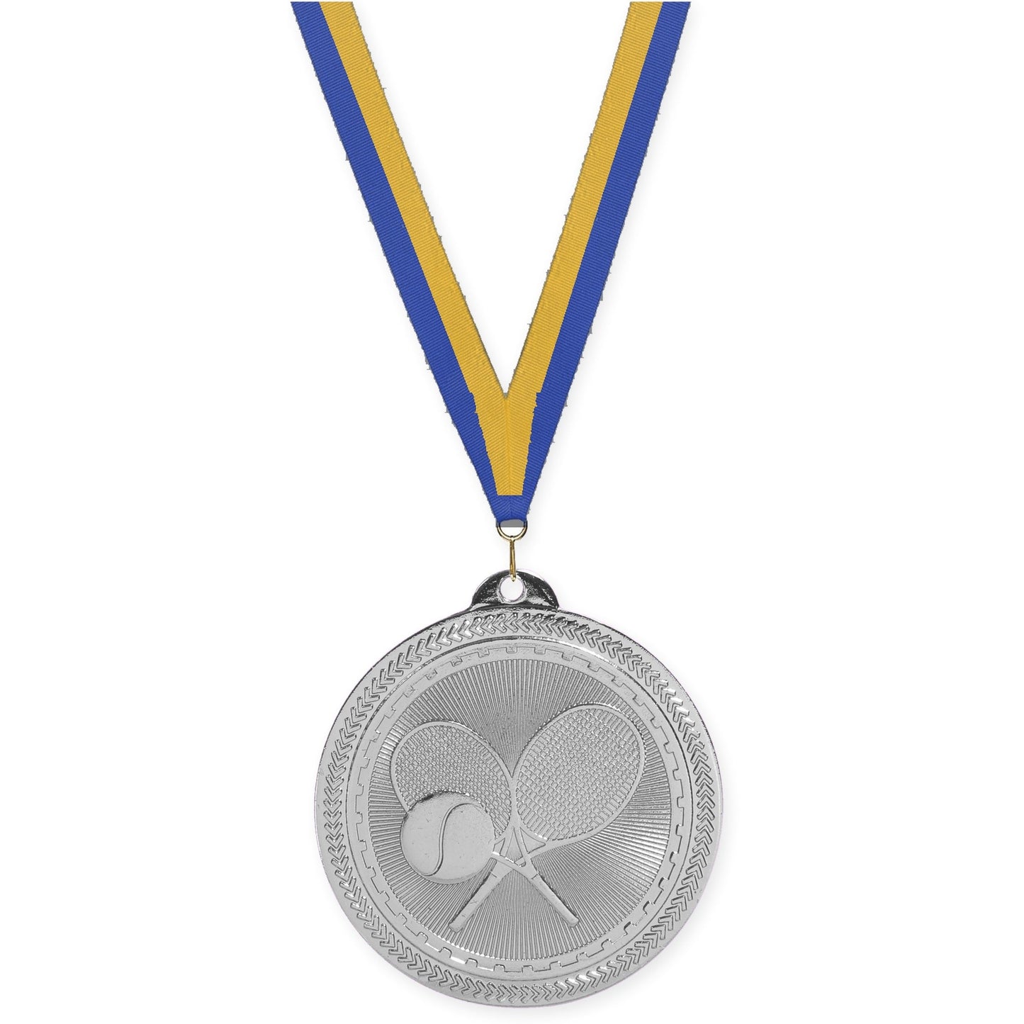2 inch tennis Sunburst medal in bright silver with Blue Gold neck ribbon
