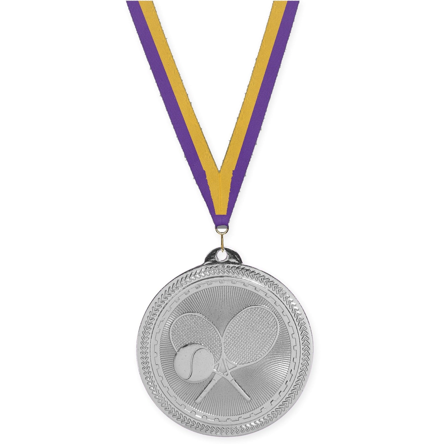 2 inch tennis Sunburst medal in bright silver with Purple Gold neck ribbon