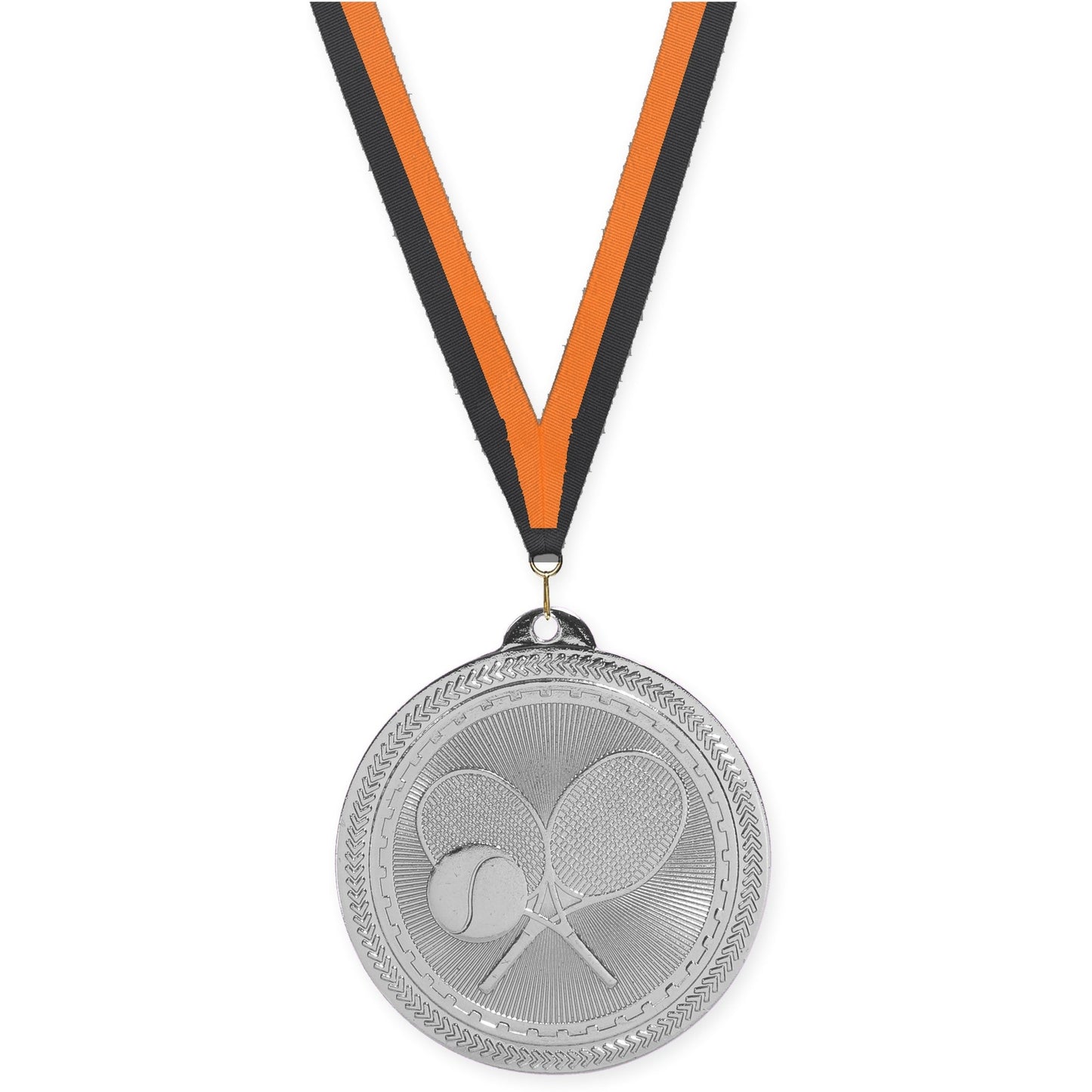 2 inch tennis Sunburst medal in bright silver with Black Orange neck ribbon