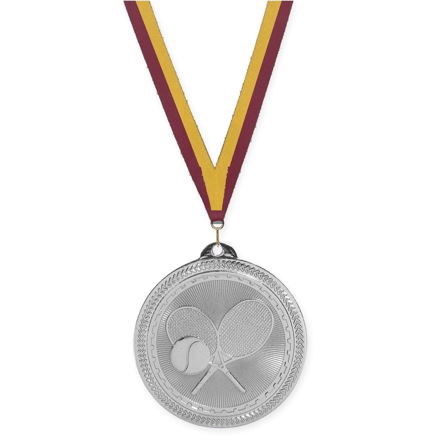 2 inch tennis Sunburst medal in bright silver with Maroon Gold neck ribbon