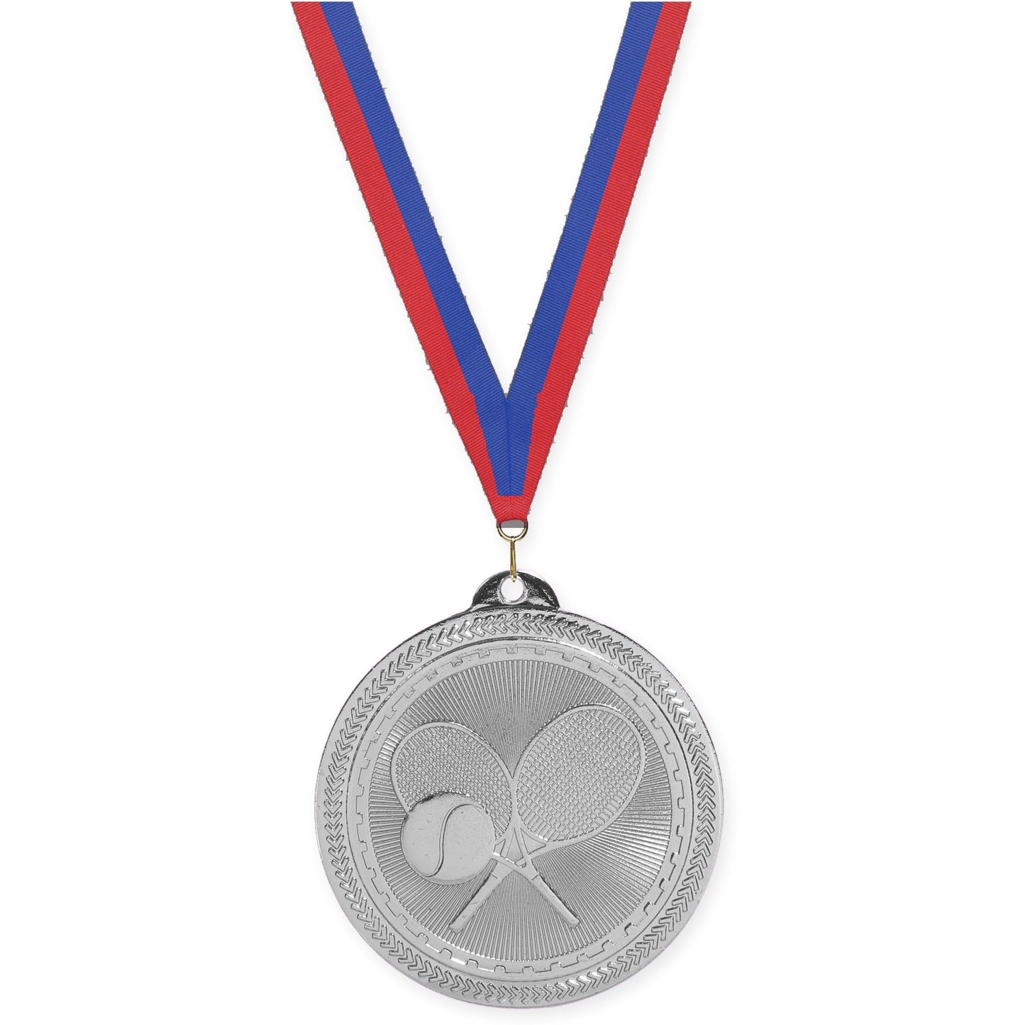 2 inch tennis Sunburst medal in bright silver with Blue Red neck ribbon