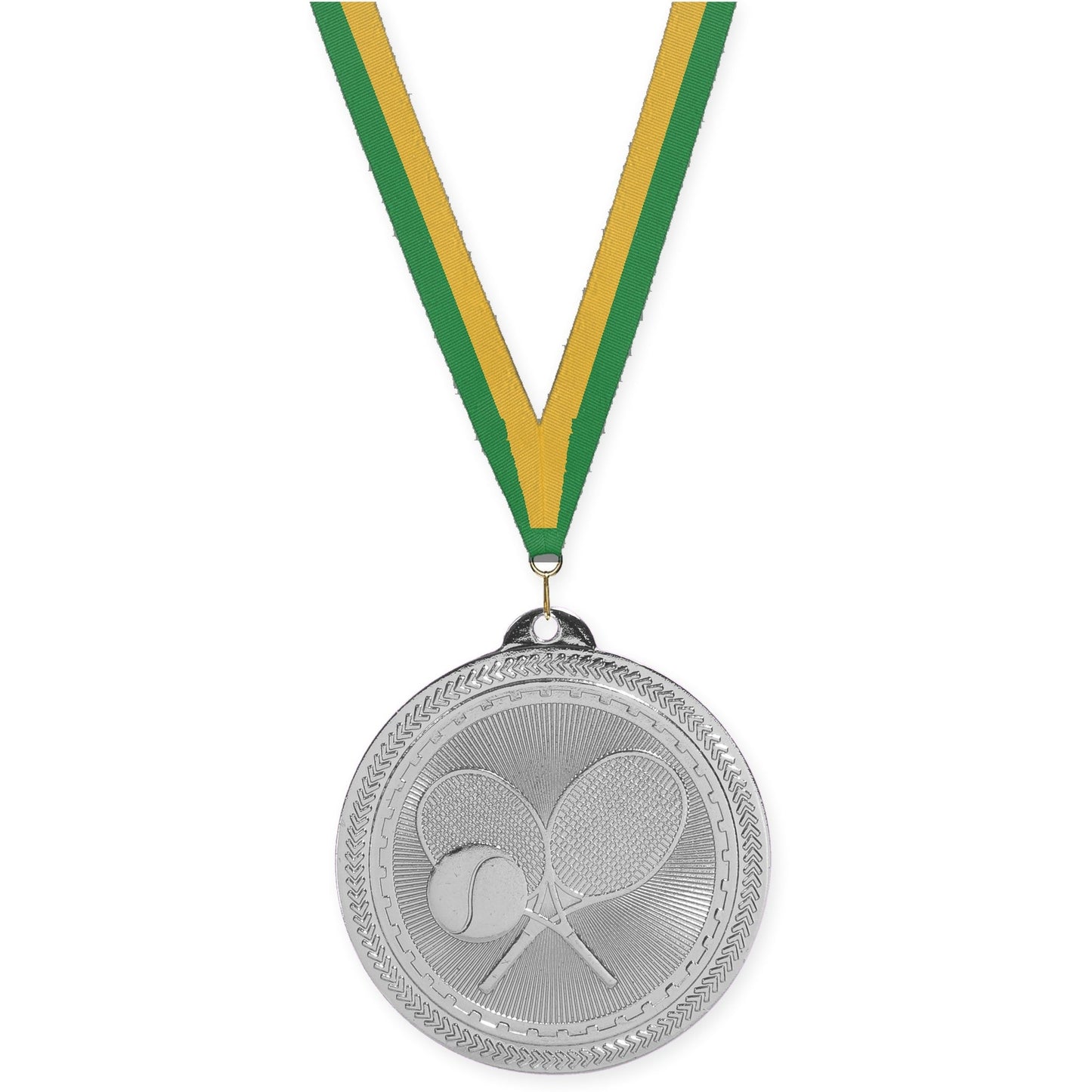 2 inch tennis Sunburst medal in bright silver with Green Gold neck ribbon