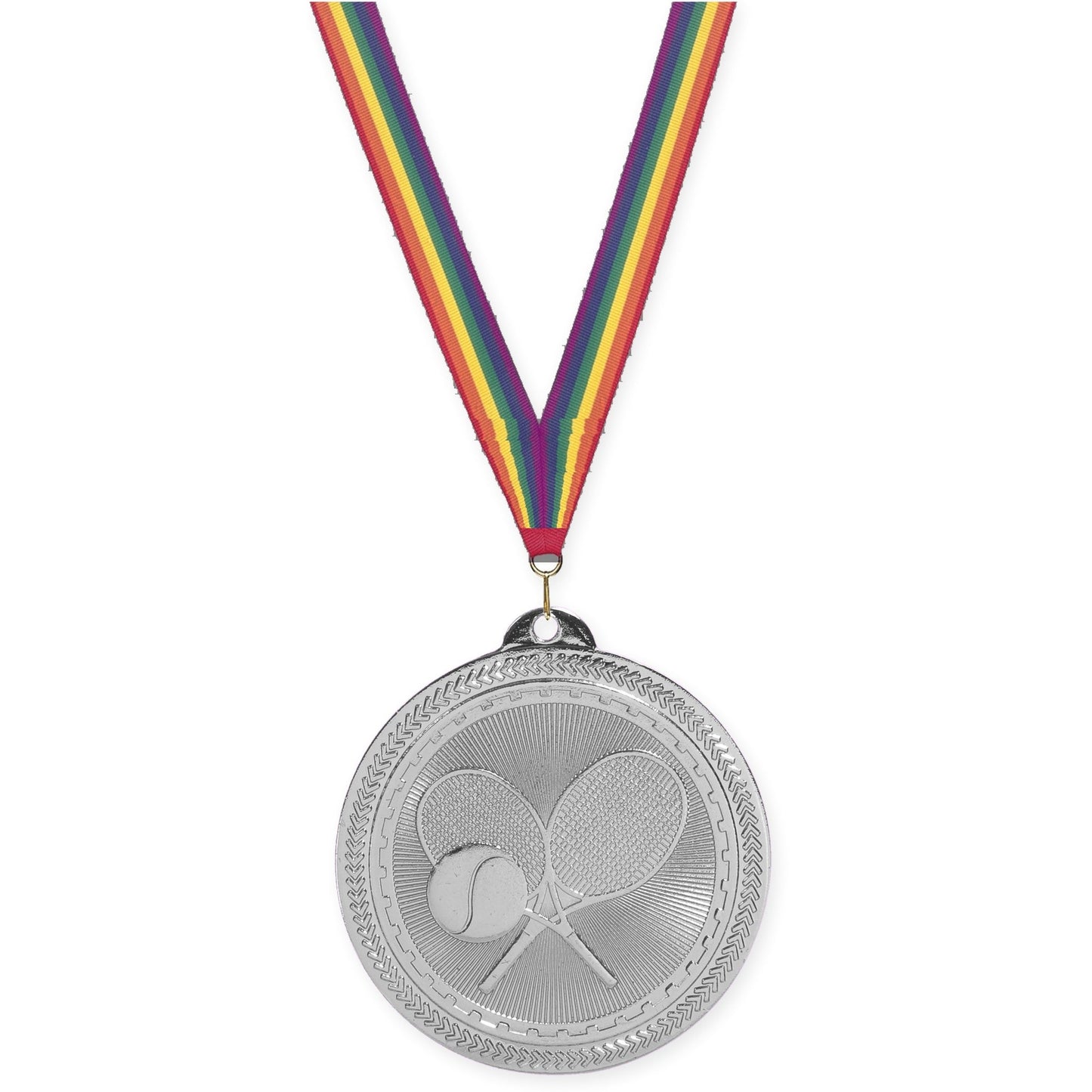 2 inch tennis Sunburst medal in bright silver with Rainbow neck ribbon