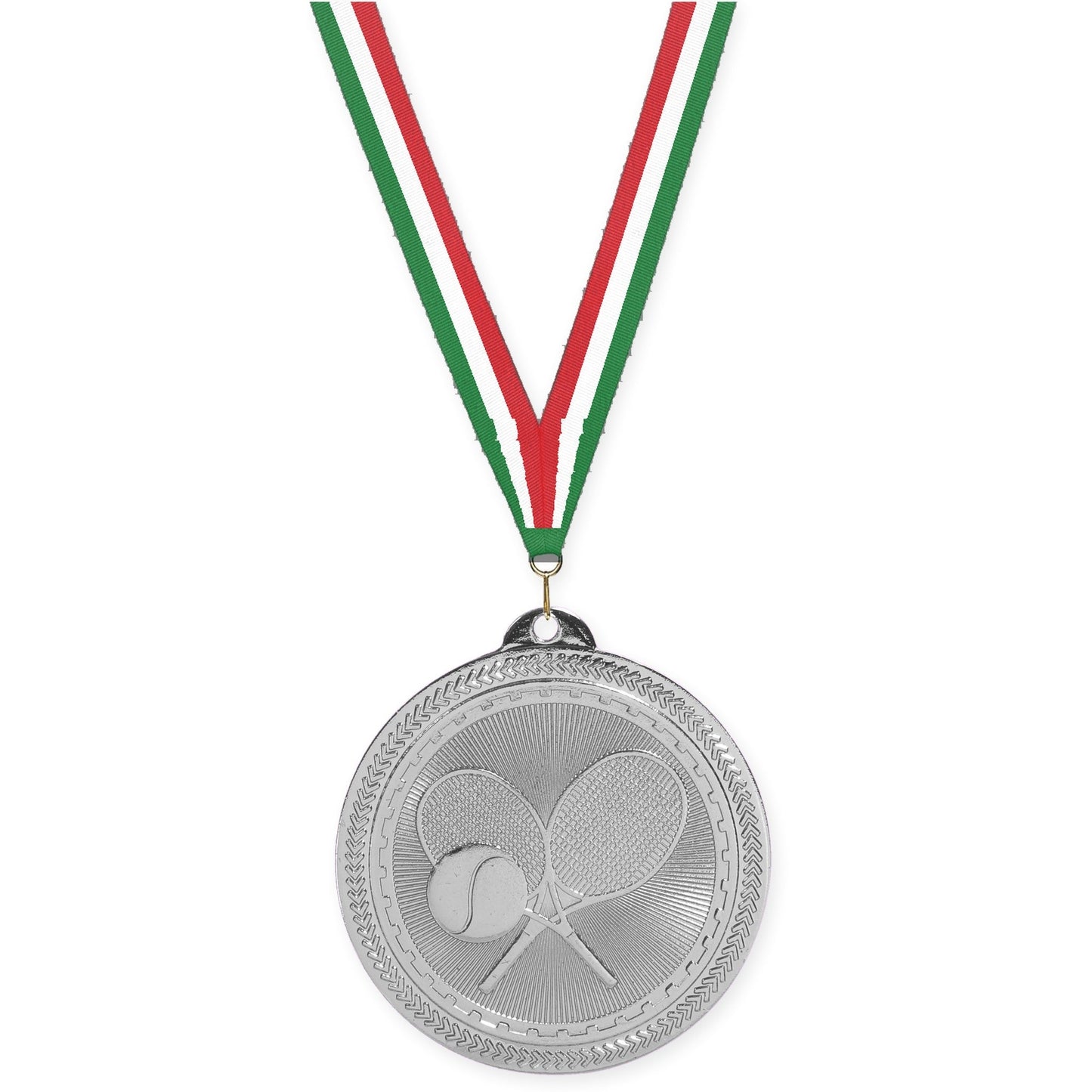 2 inch tennis Sunburst medal in bright silver with Green White Red neck ribbon