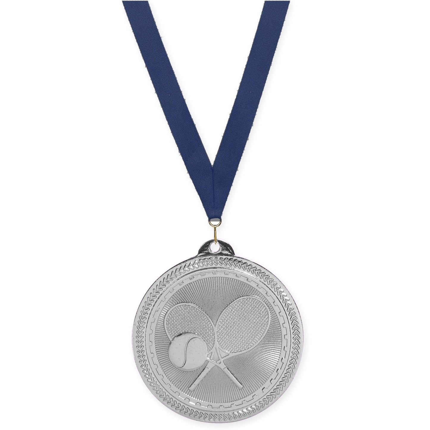2 inch tennis Sunburst medal in bright silver with Navy neck ribbon