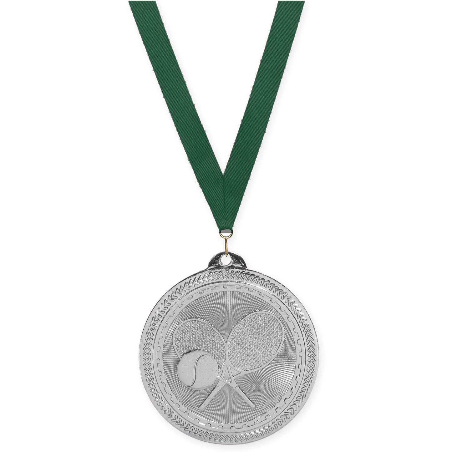 2 inch tennis Sunburst medal in bright silver with Hunter Green neck ribbon