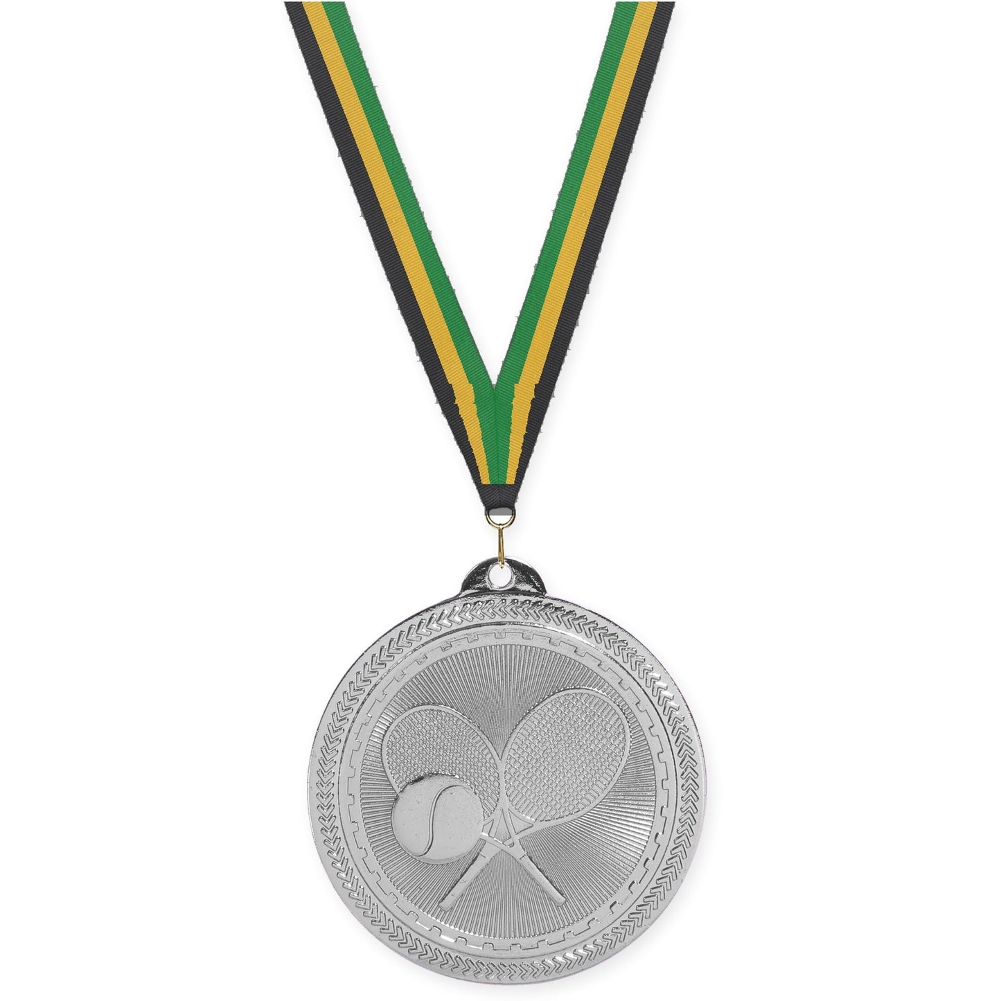 2 inch tennis Sunburst medal in bright silver with Black Gold Green neck ribbon