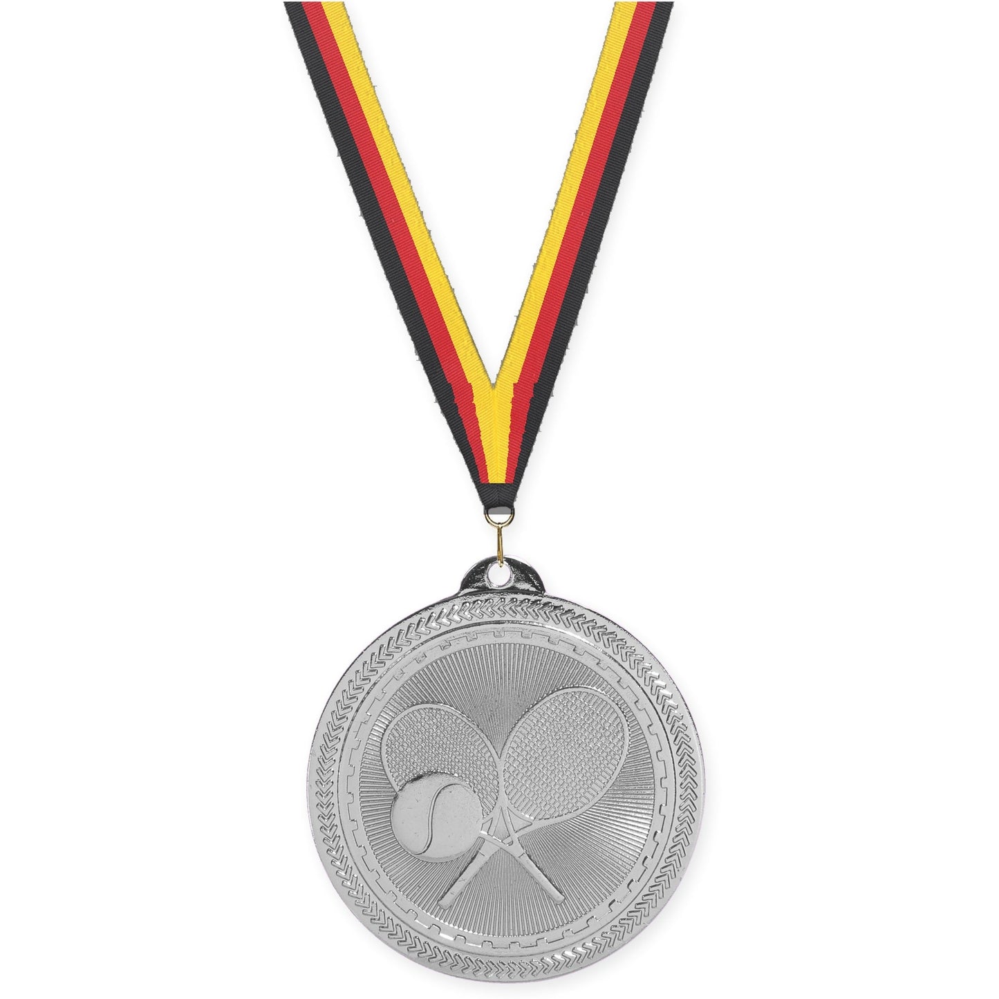 2 inch tennis Sunburst medal in bright silver with Black Red Yellow neck ribbon