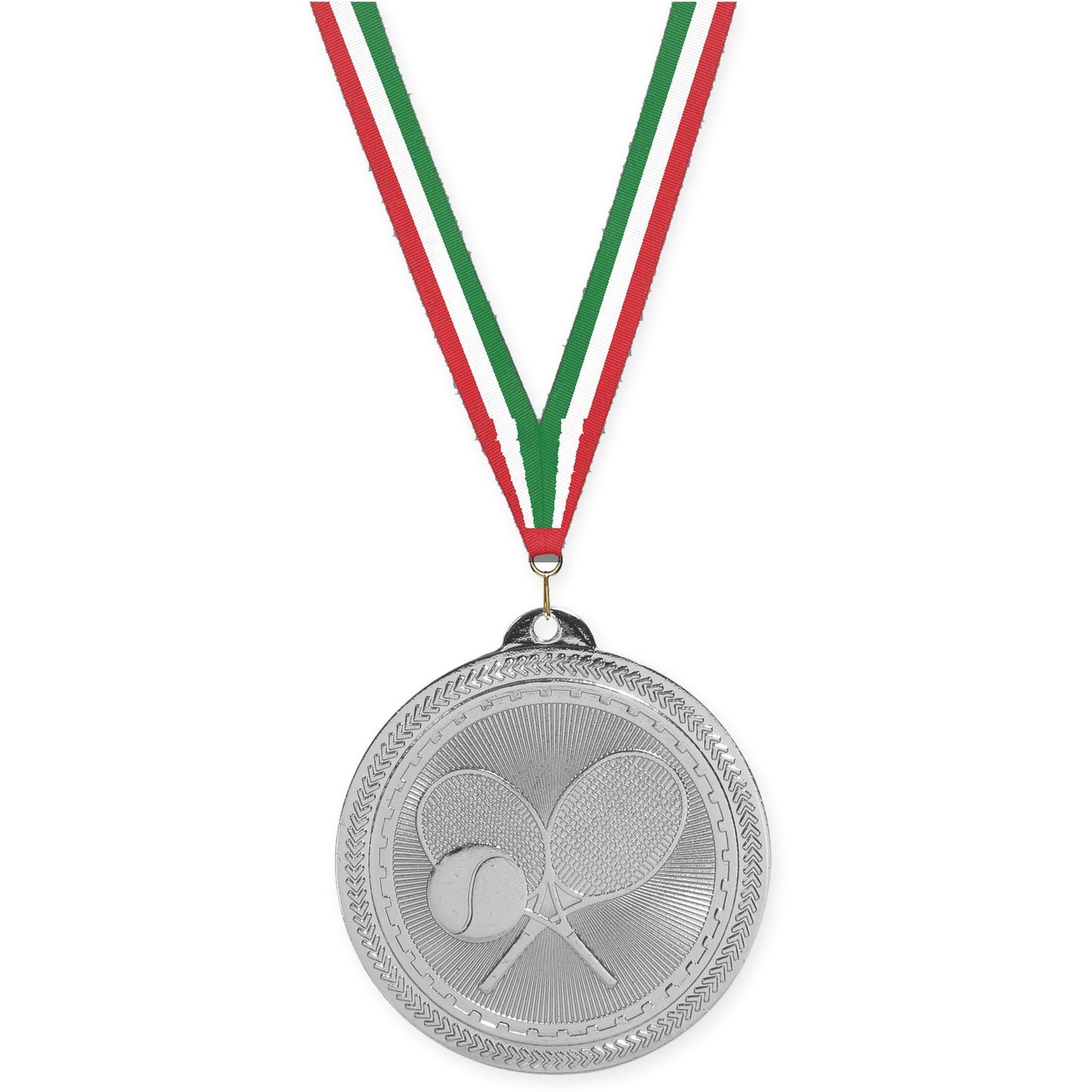 2 inch tennis Sunburst medal in bright silver with Red White Green neck ribbon