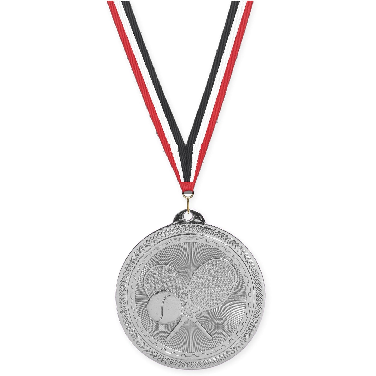 2 inch tennis Sunburst medal in bright silver with Red White Black neck ribbon