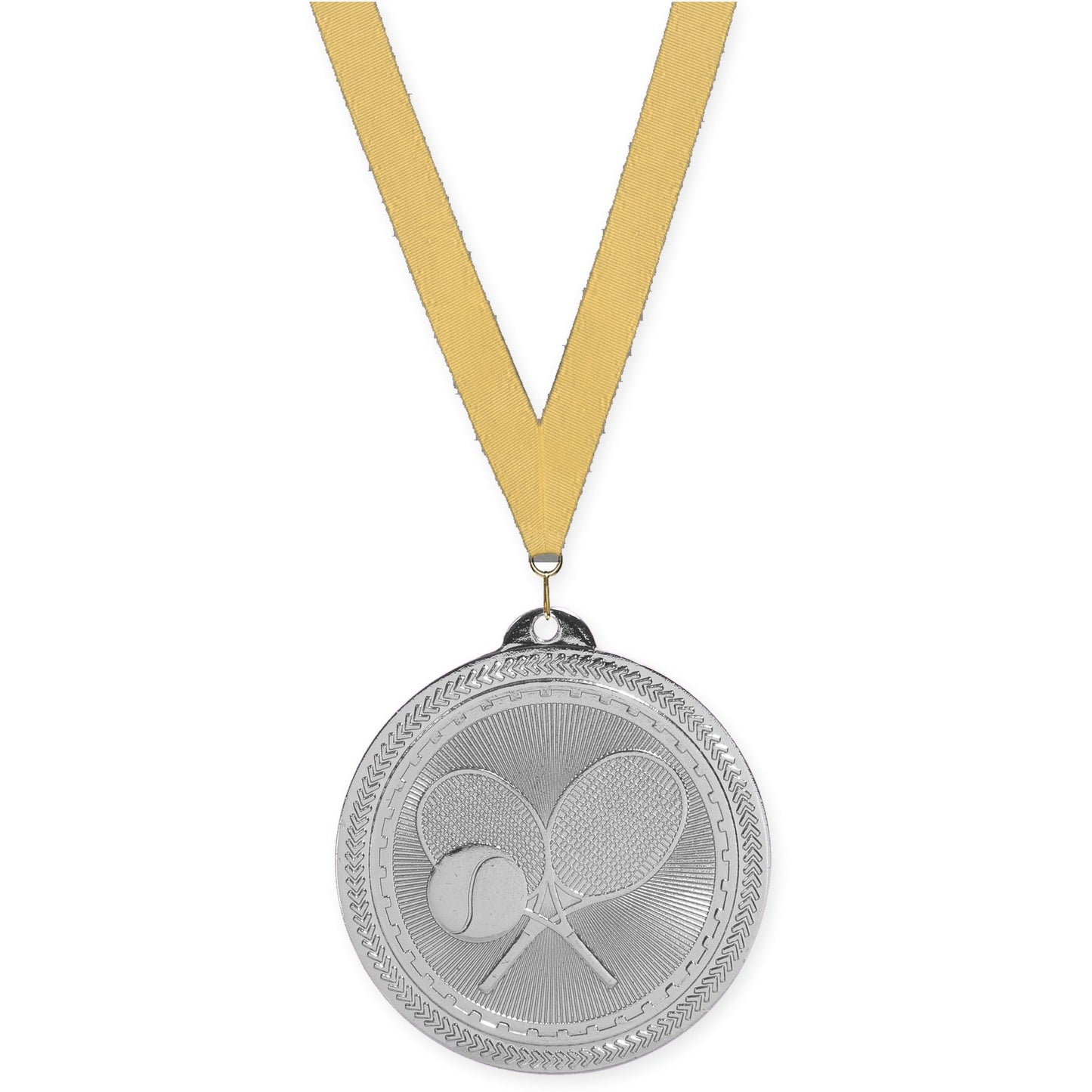 2 inch tennis Sunburst medal in bright silver with Gold Metallic neck ribbon