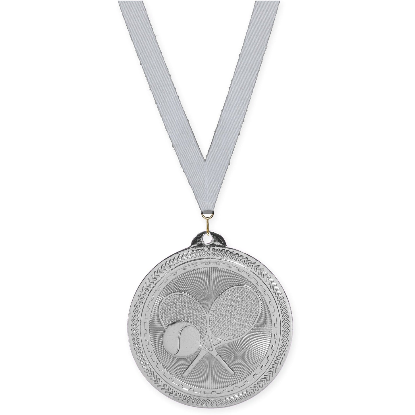 2 inch tennis Sunburst medal in bright silver with Silver Metallic neck ribbon