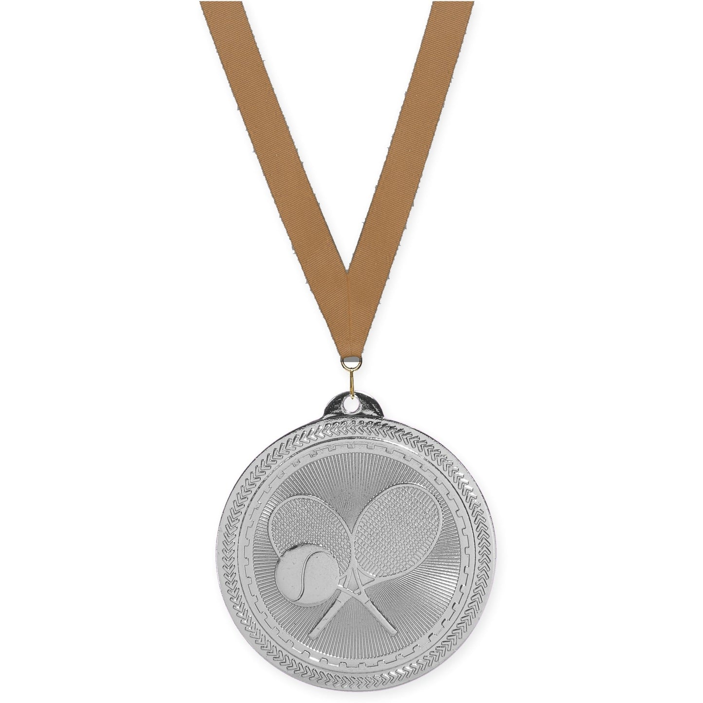 2 inch tennis Sunburst medal in bright silver with Bronze Metallic neck ribbon