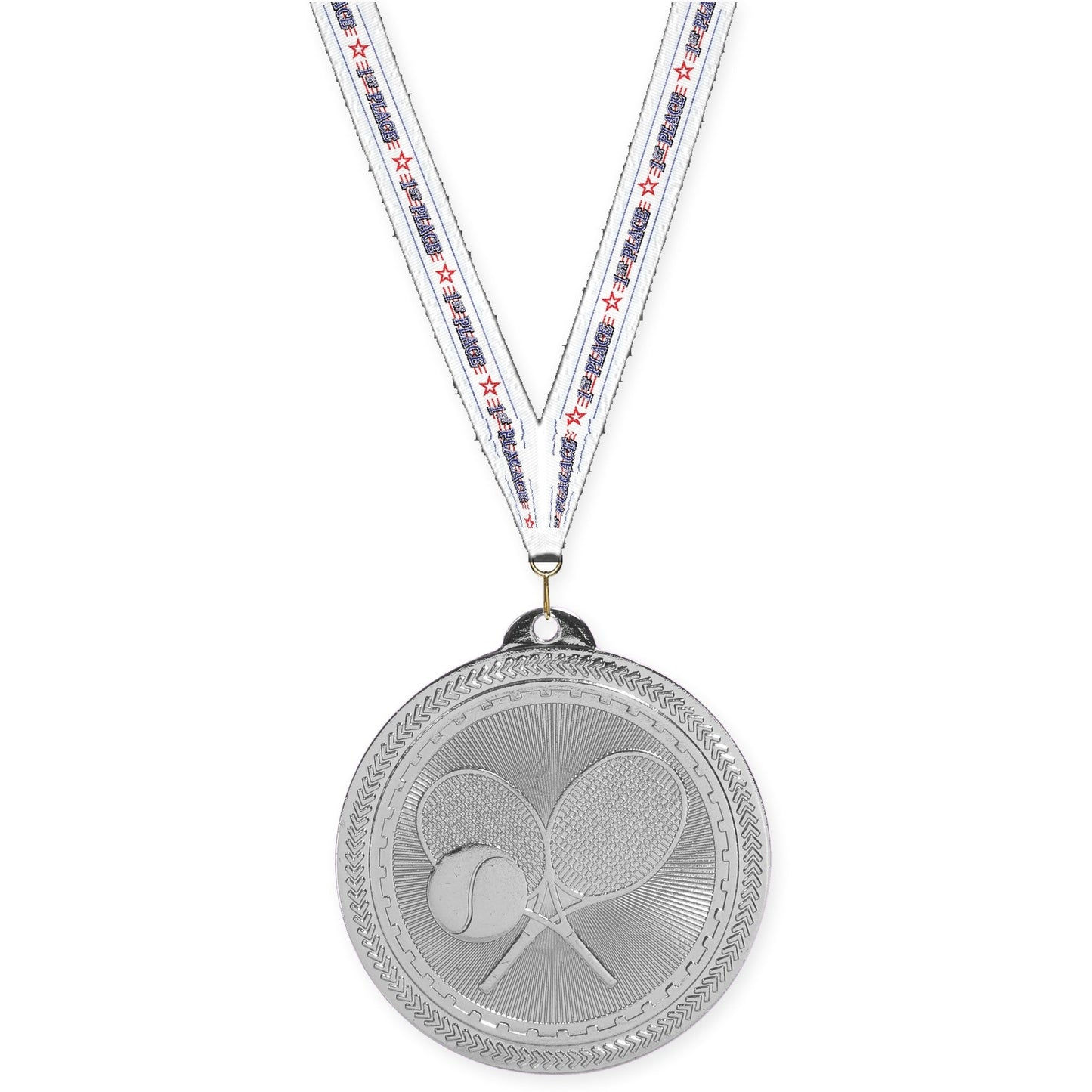 2 inch tennis Sunburst medal in bright silver with 1st Place neck ribbon