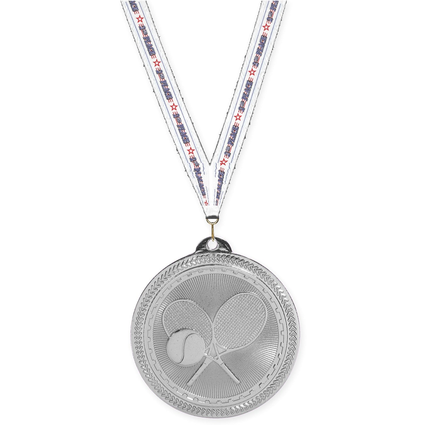 2 inch tennis Sunburst medal in bright silver with 2nd Place neck ribbon