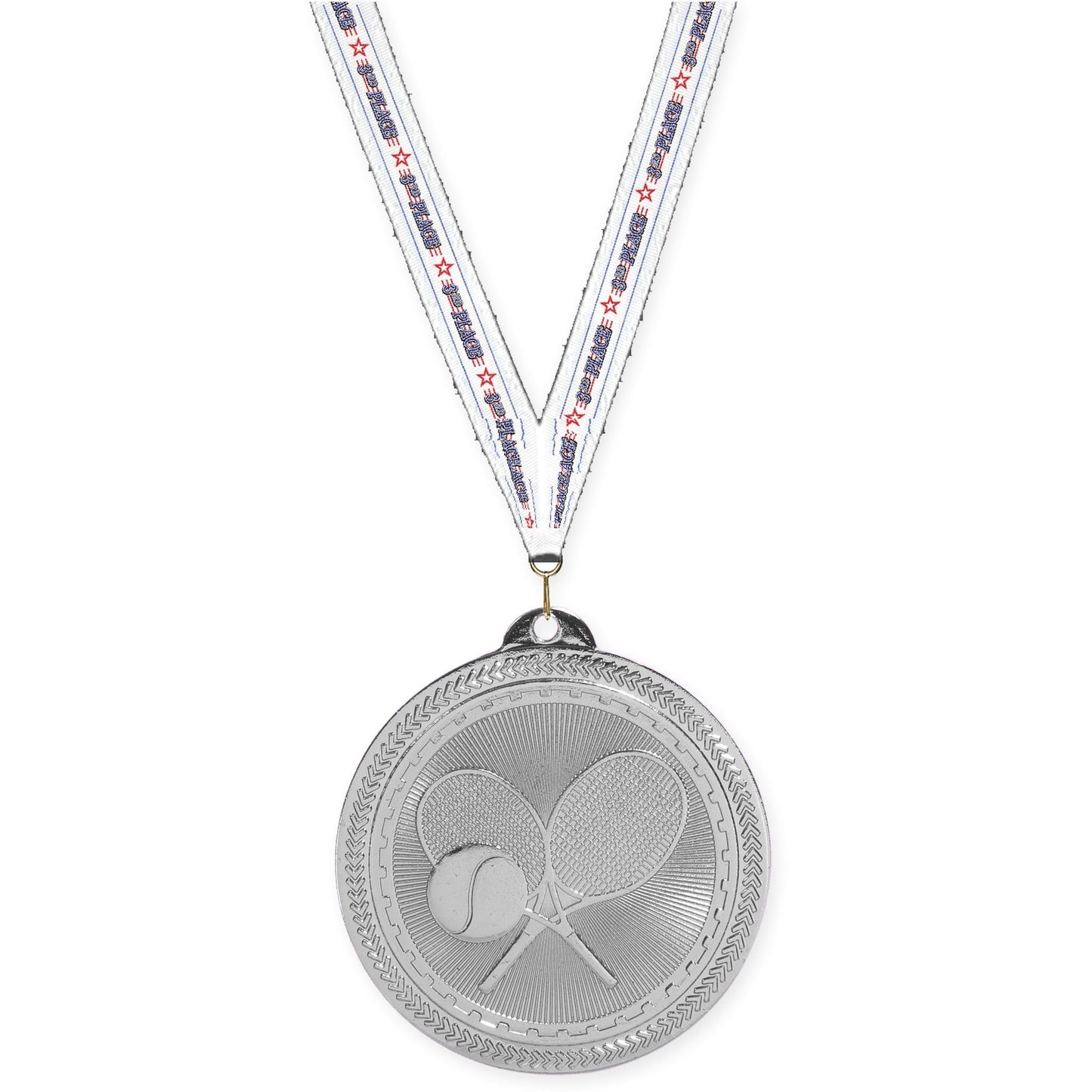 2 inch tennis Sunburst medal in bright silver with 3rd Place neck ribbon