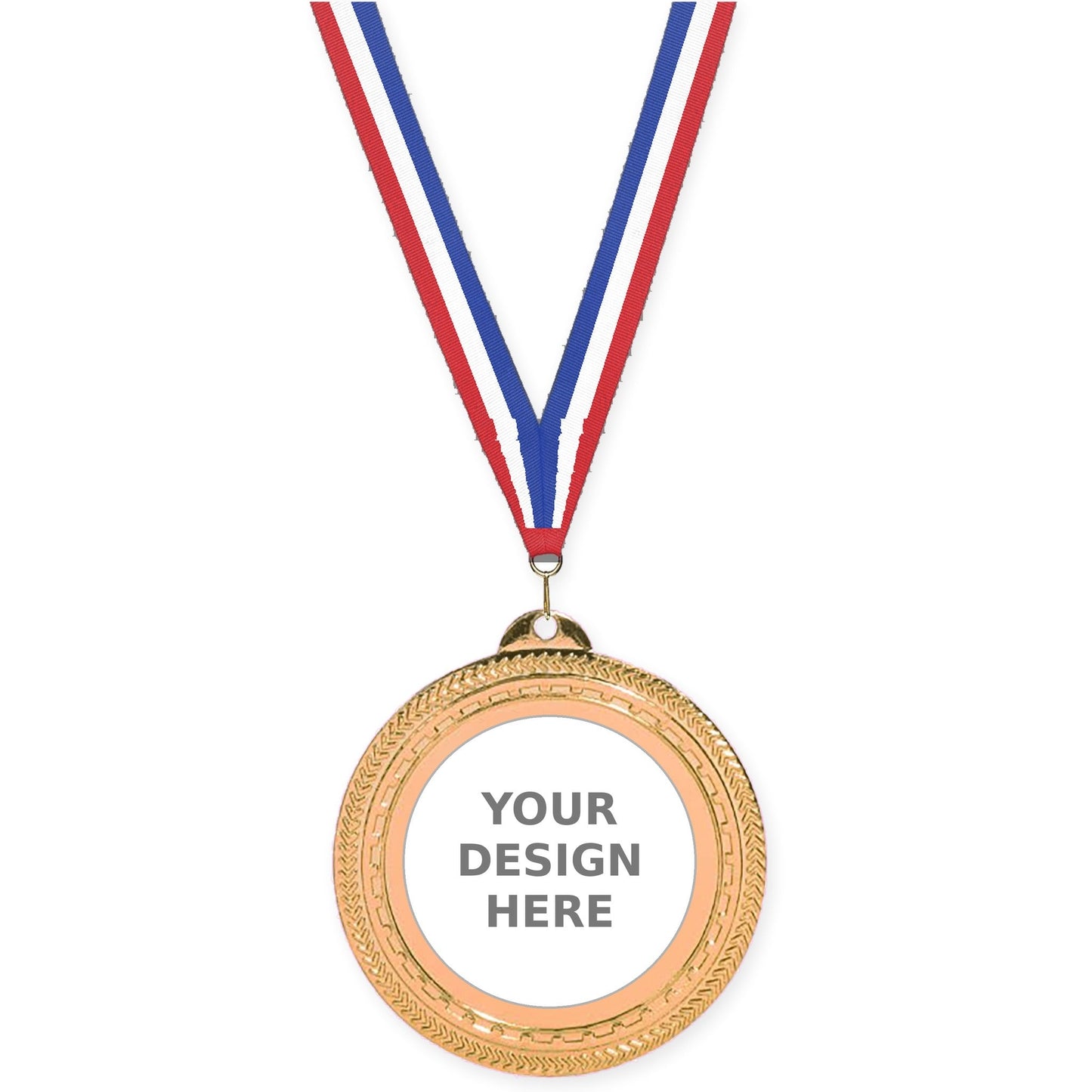 2 3/4 inch Rope Edge insert medal in antique bronze with Red White Blue neck ribbon