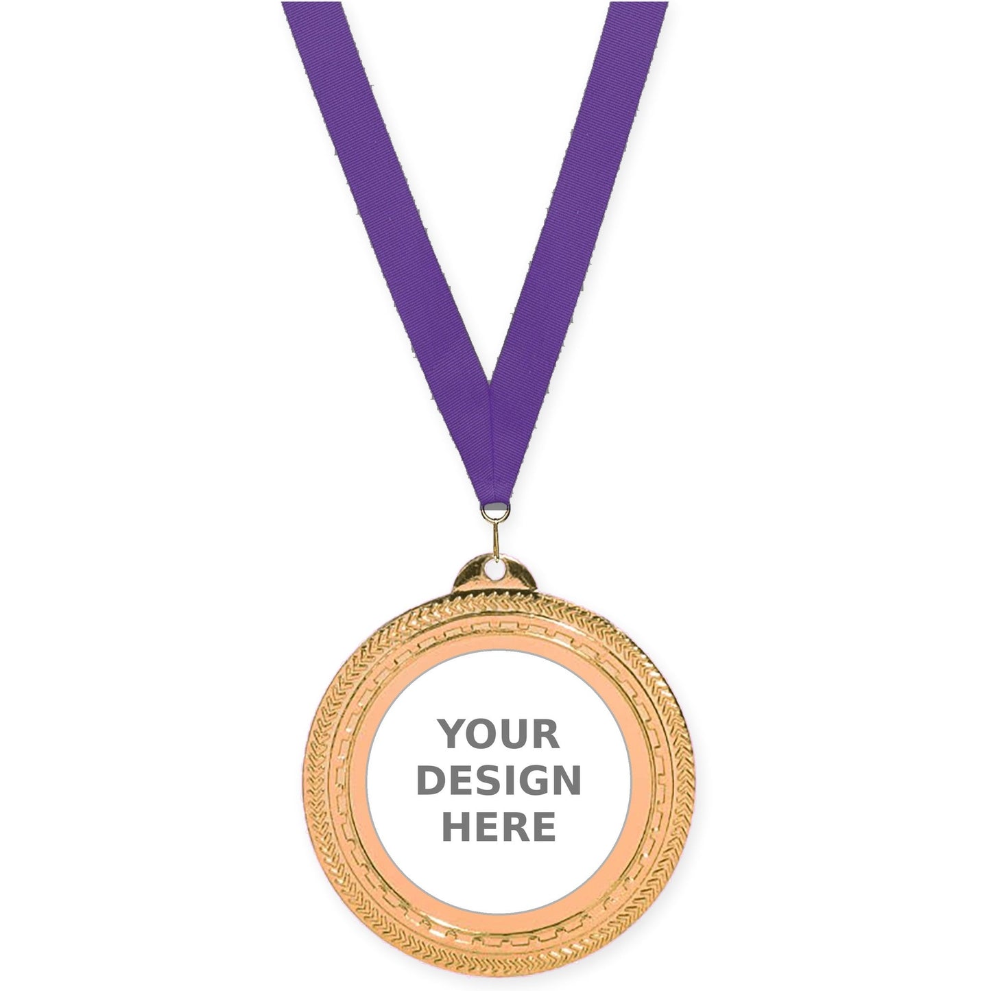 2 3/4 inch Rope Edge insert medal in antique bronze with Purple neck ribbon