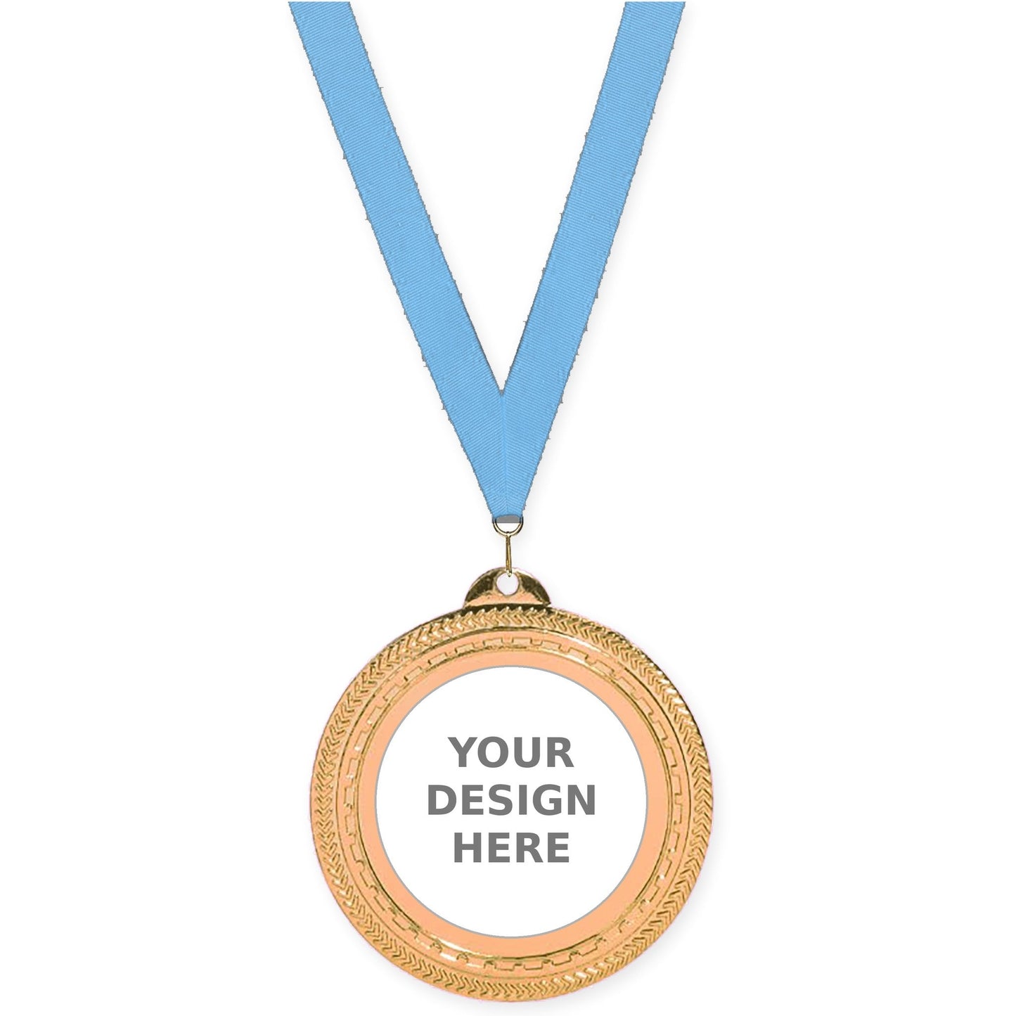 2 3/4 inch Rope Edge insert medal in antique bronze with Light Blue neck ribbon