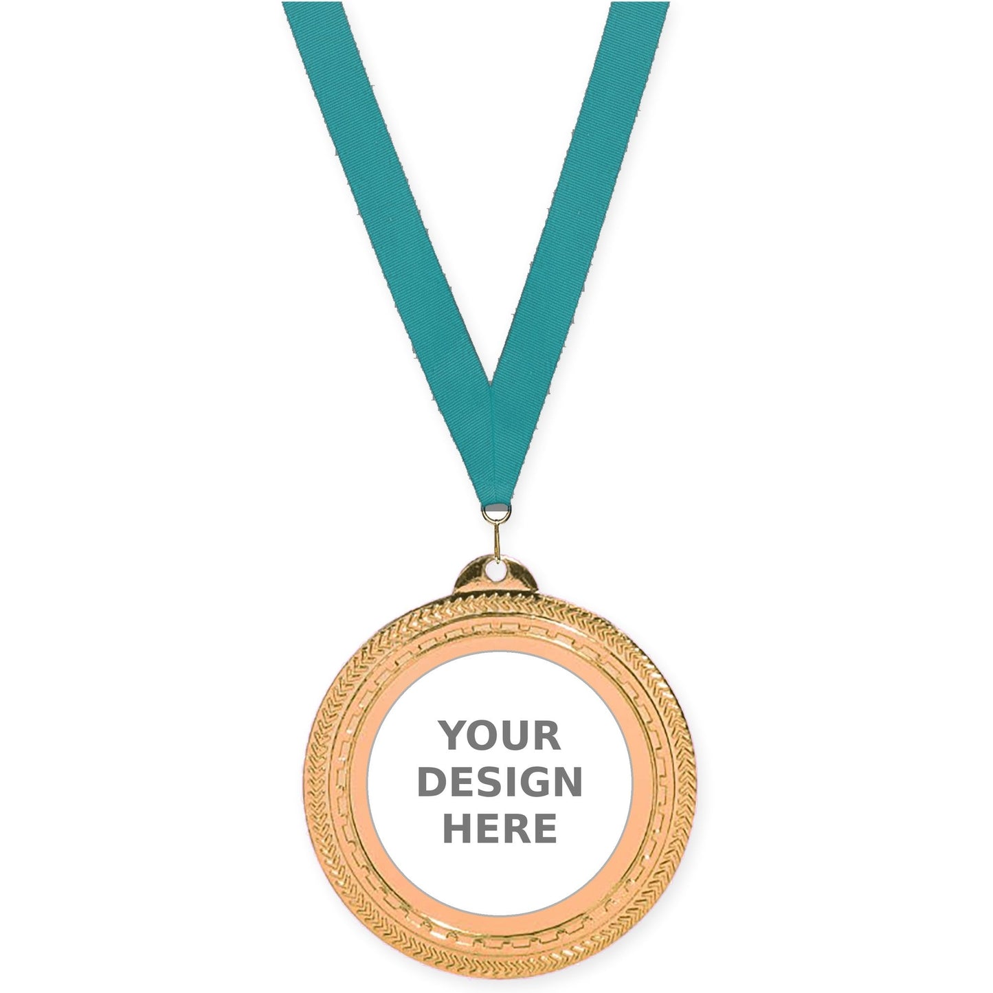2 3/4 inch Rope Edge insert medal in antique bronze with Teal neck ribbon