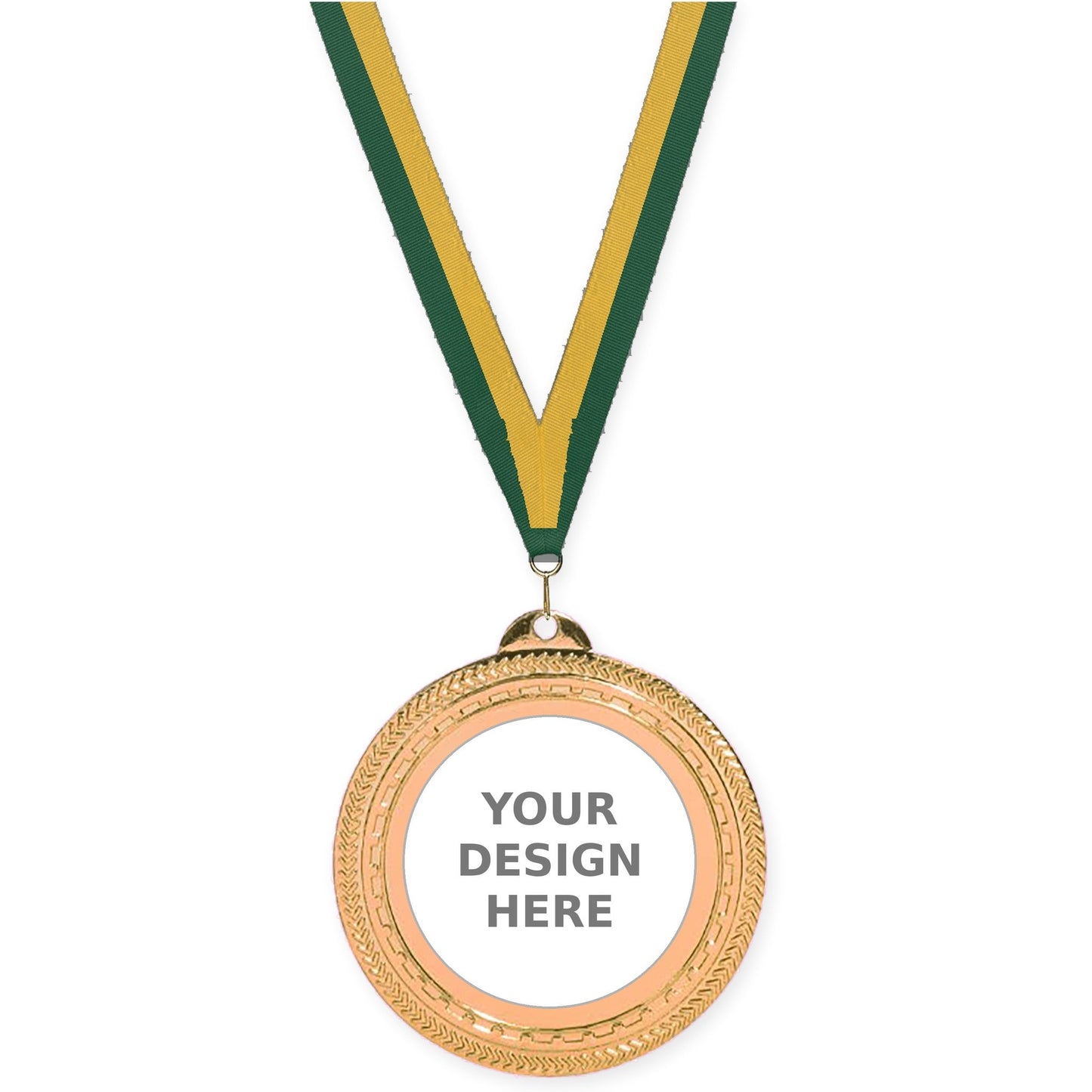2 3/4 inch Rope Edge insert medal in antique bronze with Hunter Green Gold neck ribbon