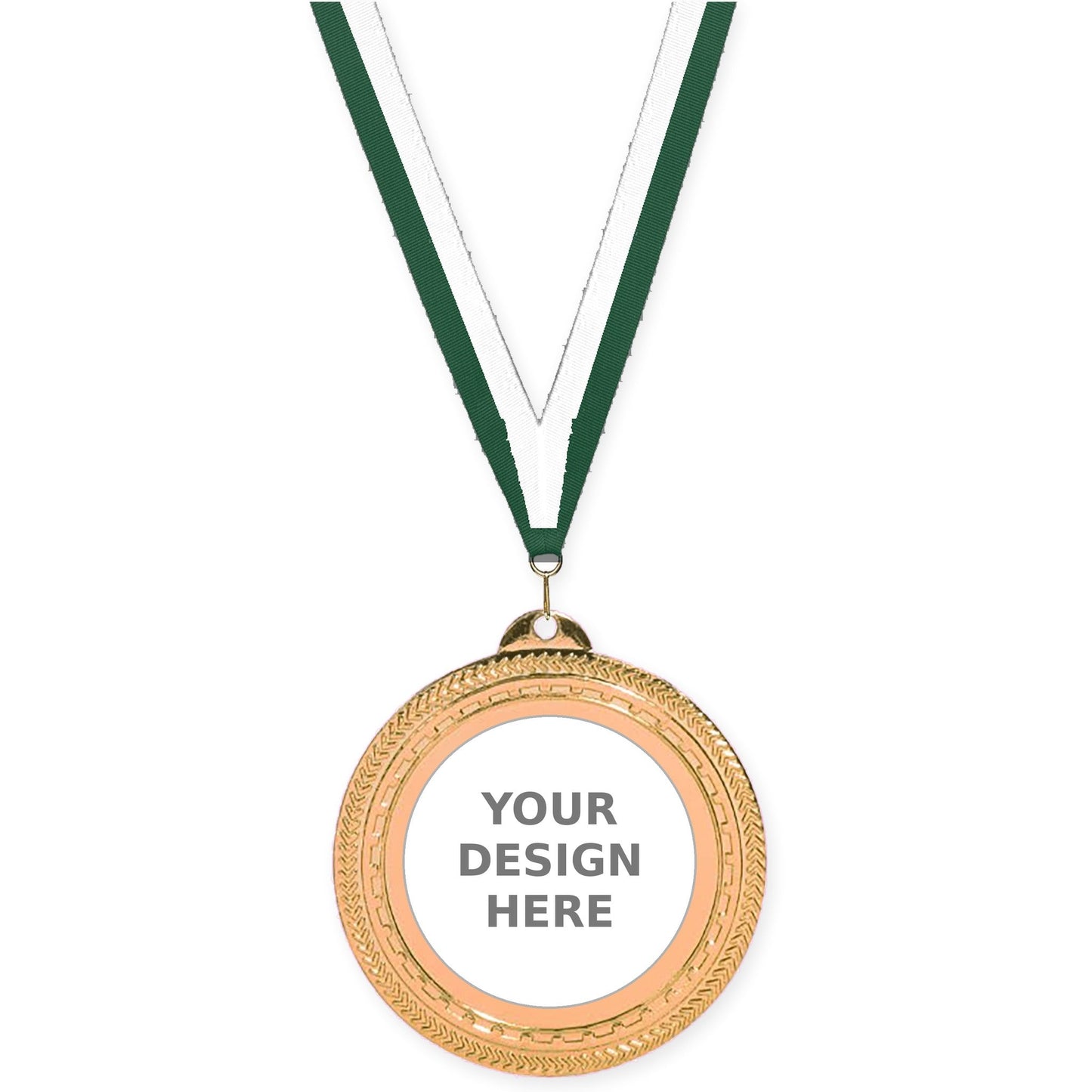 2 3/4 inch Rope Edge insert medal in antique bronze with Hunter Green White neck ribbon