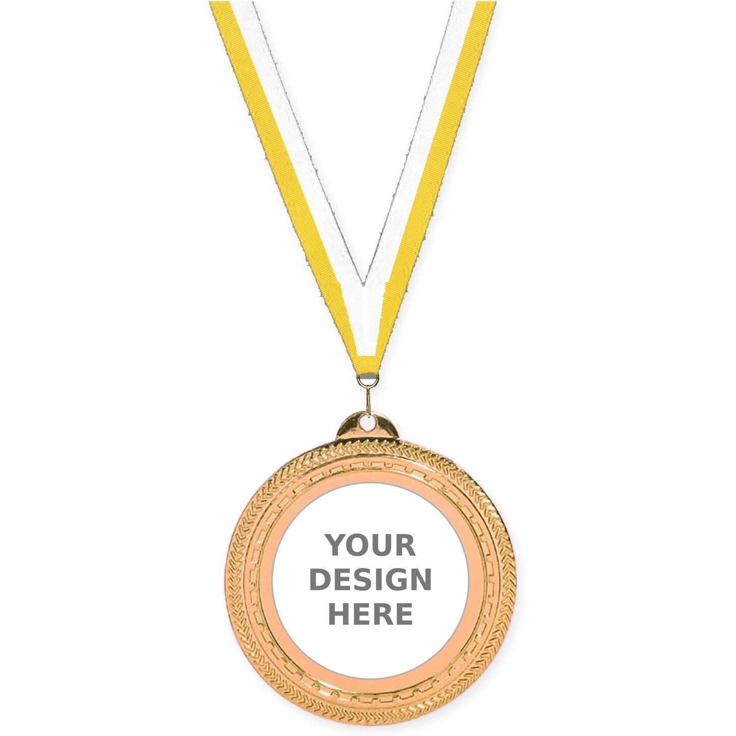 2 3/4 inch Rope Edge insert medal in antique bronze with Yellow White neck ribbon