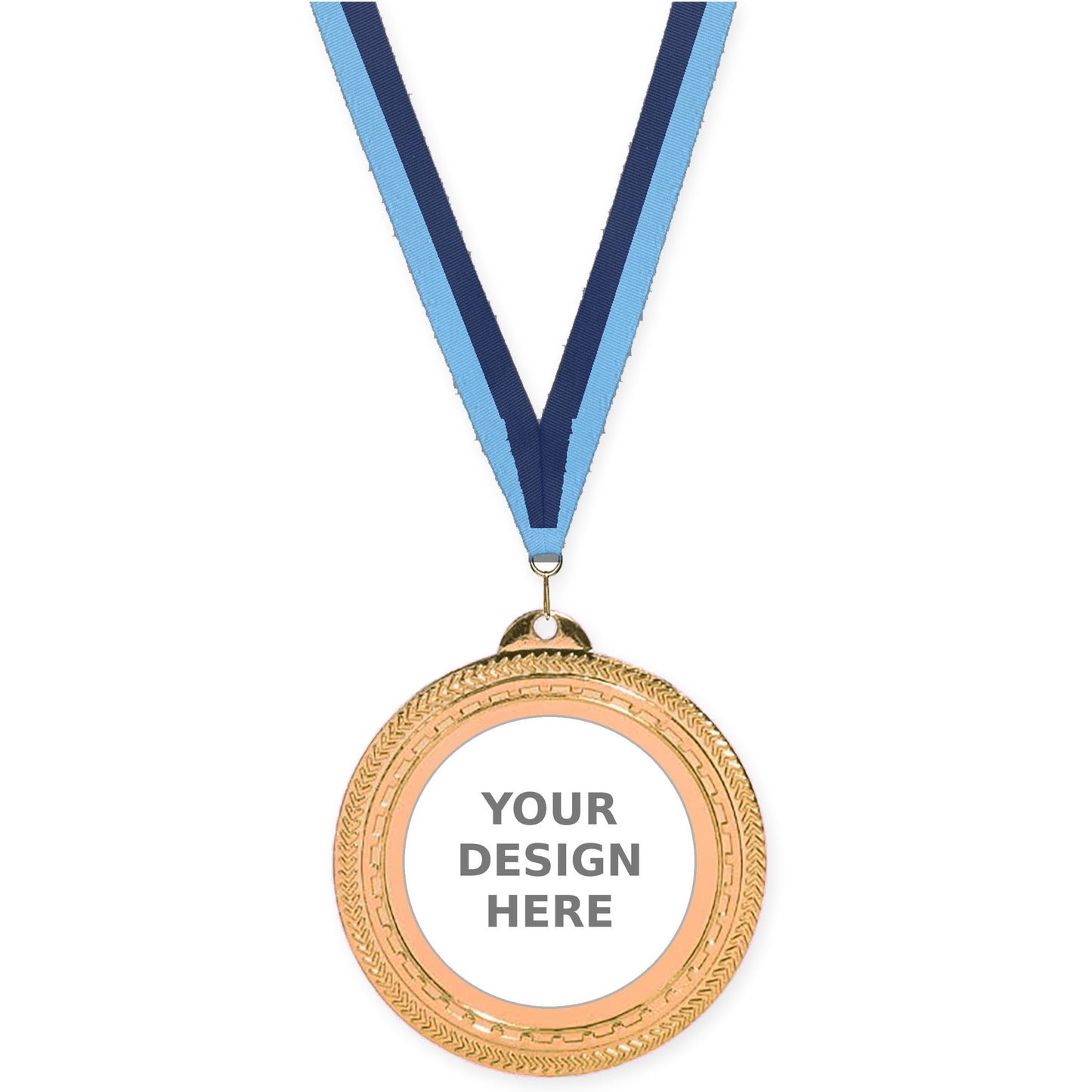 2 3/4 inch Rope Edge insert medal in antique bronze with Light Blue Navy neck ribbon