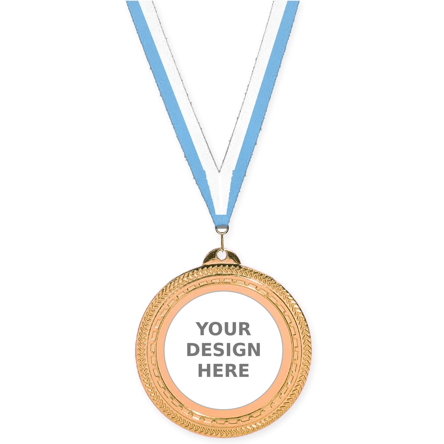 2 3/4 inch Rope Edge insert medal in antique bronze with Light Blue White neck ribbon