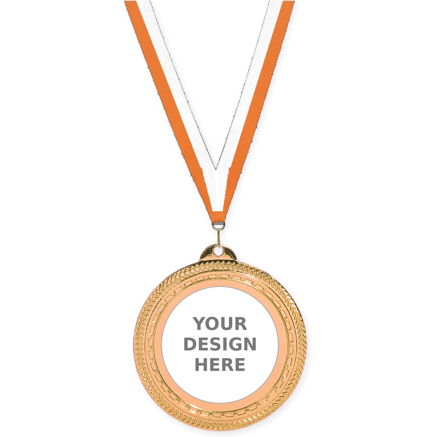 2 3/4 inch Rope Edge insert medal in antique bronze with Orange White neck ribbon