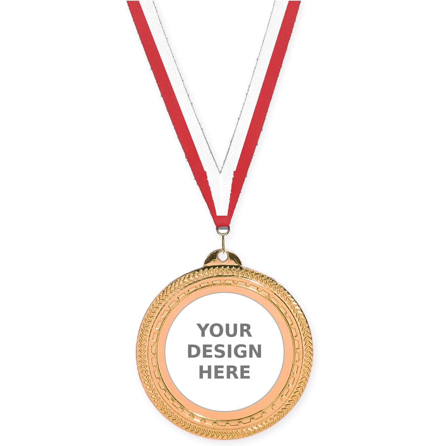 2 3/4 inch Rope Edge insert medal in antique bronze with Red White neck ribbon