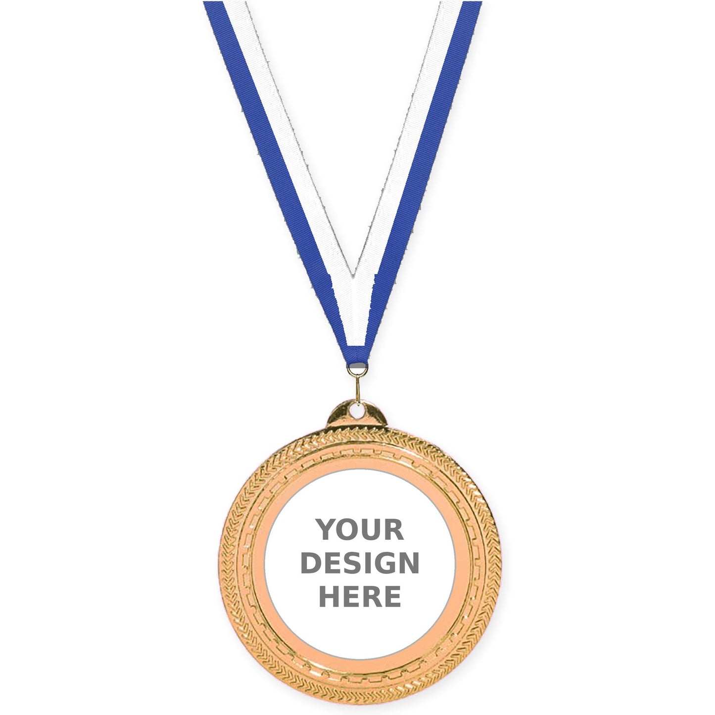 2 3/4 inch Rope Edge insert medal in antique bronze with Blue White neck ribbon